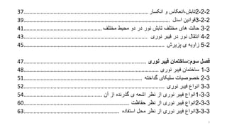 37…………………………………………………………………………….
39………………………………………………………………………………………….
41……………………………………….………
43…………………………………………………………………..……….
45…………………………………………………………………………….………..
47…………………………………………………………………....…….
48…………………………………………………………………….…………….
51…………………………………………………………………...…..
52………………..………………………………………………………………….…
54…………………………………………...….
60………………….………...………………………………….
63……..…………………………………………….…….
2-2-2‫انکسار‬ ‫و‬ ‫تابش،انعکاس‬
2-2-3‫اسنل‬ ‫قوانین‬
2-3‫مختلف‬ ‫محیط‬ ‫دو‬ ‫در‬ ‫نور‬ ‫تابش‬ ‫مختلف‬ ‫های‬ ‫حالت‬
2-4‫نوری‬ ‫فیبر‬ ‫در‬ ‫نور‬ ‫انتقال‬
2-5‫پزیرش‬ ‫ی‬ ‫زاویه‬
‫سوم‬ ‫فصل‬:‫نوری‬ ‫فیبر‬ ‫ساختمان‬
3-1‫نوری‬ ‫فیبر‬ ‫ساختمان‬
3-2‫گداخته‬ ‫سلیکای‬ ‫خصوصیات‬
3-3‫نوری‬ ‫فیبر‬ ‫انواع‬
3-3-1‫آن‬ ‫از‬ ‫گذرنده‬ ‫ی‬ ‫اشعه‬ ‫نظر‬ ‫از‬ ‫نوری‬ ‫فیبر‬ ‫انواع‬
3-3-2‫نظر‬ ‫از‬ ‫نوری‬ ‫فیبر‬ ‫انواع‬‫حفاظت‬
3-3-3‫نظر‬ ‫از‬ ‫نوری‬ ‫فیبر‬ ‫انواع‬‫استفاده‬ ‫محل‬
3
 