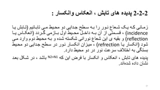 2-2-2‫پدیده‬‫وانکسار‬ ‫انعکاس‬ ، ‫تابش‬ ‫های‬:
‫رانیم‬‫ر‬‫تاب‬ ‫ری‬‫ر‬‫م‬ ‫ریط‬‫ر‬‫مح‬ ‫دو‬ ‫ردایی‬‫ر‬‫ج‬ ‫رطت‬‫ر‬‫س‬ ‫ره‬‫ر‬‫ب‬ ‫را‬ ‫رور‬‫ر‬‫ن‬ ‫رعاع‬‫ر‬‫ش‬ ‫رو‬‫ر‬‫ی‬ ‫ره‬‫ر‬‫ک‬ ‫رانی‬‫ر‬‫زم‬(‫ر‬‫ر‬‫ی‬ ‫رابش‬‫ر‬‫ت‬‫ا‬
incidence)‫ررردد‬‫ر‬‫گ‬ ‫ررازمی‬‫ر‬‫ب‬ ‫اول‬ ‫رریط‬‫ر‬‫مح‬ ‫ررل‬‫ر‬‫داخ‬ ‫رره‬‫ر‬‫ب‬ ‫آن‬ ‫از‬ ‫ررمتی‬‫ر‬‫قس‬ ،(‫ررا‬‫ر‬‫ی‬ ‫رراس‬‫ر‬‫انعک‬
reflection)‫مر‬ ‫وارد‬ ‫دوم‬ ‫محریط‬ ‫بره‬ ‫و‬ ‫شرده‬ ‫شکسته‬ ‫نورانی‬ ‫شعاع‬ ‫این‬ ‫ی‬ ‫بقیه‬ ‫و‬‫ی‬
‫شود‬(‫یرا‬ ‫انکسار‬refrection)‫محریط‬ ‫دو‬ ‫جردایی‬ ‫سرطت‬ ‫در‬ ‫نرور‬ ‫انکسرار‬ ‫میرزان‬ ،
‫دارد‬ ‫محیط‬ ‫دو‬ ‫در‬ ‫نور‬ ‫سرعت‬ ‫اختالف‬ ‫به‬ ‫بستگی‬.
‫پدیده‬‫که‬ ‫این‬ ‫فر‬ ‫با‬ ‫انکسار‬ ‫و‬ ‫انعکاس‬ ، ‫تابش‬ ‫های‬N2>N1‫شرکل‬ ‫در‬ ، ‫باشد‬‫بعرد‬
‫نشان‬‫شده‬ ‫داده‬‫اند‬.
37
 