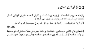 2-2-3‫قوانین‬‫اسنل‬:
‫ره‬‫ر‬‫رابط‬‫ر‬‫ر‬‫اس‬ ‫روانین‬‫ر‬‫ق‬ ‫روان‬‫ر‬‫عن‬ ‫ره‬‫ر‬‫ب‬ ‫ره‬‫ر‬‫ک‬ ‫رابش‬‫ر‬‫ت‬ ‫و‬ ‫رت‬‫ر‬‫شکس‬ ‫ی‬ ‫ره‬‫ر‬‫زاوی‬ ، ‫رت‬‫ر‬‫شکس‬ ‫رریب‬‫ر‬‫ض‬‫نل‬
‫گردد‬ ‫می‬ ‫بیان‬ ‫زیر‬ ‫صورت‬ ‫به‬ ، ‫شوند‬ ‫می‬ ‫شناخته‬:
1-‫برابرند‬ ‫هم‬ ‫با‬ ‫محیط‬ ‫نوع‬ ‫هر‬ ‫برای‬ ‫تابش‬ ‫ی‬ ‫زاویه‬ ‫و‬ ‫انعکاس‬ ‫ی‬ ‫زاویه‬.
Ɵ1=Ɵr
-2‫شعاع‬‫محر‬ ‫دو‬ ‫مشرترک‬ ‫فصل‬ ‫بر‬ ‫عمود‬ ‫خط‬ ‫و‬ ‫شکست‬ ، ‫منعکس‬ ، ‫تابش‬ ‫های‬‫یط‬
‫ا‬ ‫عمود‬ ‫محیط‬ ‫دو‬ ‫جدایی‬ ‫صفحه‬ ‫بر‬ ‫صفحه‬ ‫این‬ ‫که‬ ‫دارند‬ ‫قرار‬ ‫صفحه‬ ‫یو‬ ‫در‬‫ست‬.
39
 