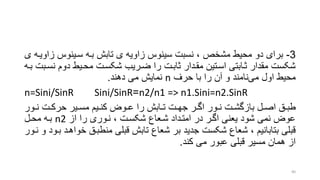 3-‫زا‬ ‫سرینوس‬ ‫بره‬ ‫تابش‬ ‫ی‬ ‫زاویه‬ ‫سینوس‬ ‫نسبت‬ ، ‫مشخر‬ ‫محیط‬ ‫دو‬ ‫برای‬‫ی‬ ‫ویره‬
‫ن‬ ‫دوم‬ ‫محریط‬ ‫شکسرت‬ ‫ضرریب‬ ‫را‬ ‫تابرت‬ ‫مقردار‬ ‫اسرتین‬ ‫ترابتی‬ ‫مقدار‬ ‫شکست‬‫بره‬ ‫سربت‬
‫حرف‬ ‫با‬ ‫را‬ ‫آن‬ ‫و‬ ‫نامند‬‫می‬ ‫اول‬ ‫محیط‬n‫نمایش‬‫دهند‬ ‫می‬.
n=Sini/SinR Sini/SinR=n2/n1 => n1.Sini=n2.SinR
‫رو‬‫ر‬‫ن‬ ‫رت‬‫ر‬‫حرک‬ ‫ریر‬‫ر‬‫مس‬ ‫ریم‬‫ر‬‫کن‬ ‫رو‬‫ر‬‫ع‬ ‫را‬ ‫رابش‬‫ر‬‫ت‬ ‫رت‬‫ر‬‫جه‬ ‫رر‬‫ر‬‫اگ‬ ‫رور‬‫ر‬‫ن‬ ‫رت‬‫ر‬‫بازگش‬ ‫رل‬‫ر‬‫اص‬ ‫رق‬‫ر‬‫طب‬‫ر‬
‫را‬ ‫نروری‬ ، ‫شکسرت‬ ‫شرعاع‬ ‫امترداد‬ ‫در‬ ‫اگرر‬ ‫یعنی‬ ‫شود‬ ‫نمی‬ ‫عو‬‫از‬n2‫بره‬‫محرل‬
‫خو‬ ‫منطبرق‬ ‫قبلی‬ ‫تابش‬ ‫شعاع‬ ‫بر‬ ‫جدید‬ ‫شکست‬ ‫شعاع‬ ، ‫بتابانیم‬ ‫قبلی‬‫نرور‬ ‫و‬ ‫برود‬ ‫اهرد‬
‫کند‬ ‫می‬ ‫عبور‬ ‫قبلی‬ ‫مسیر‬ ‫همان‬ ‫از‬.
40
 
