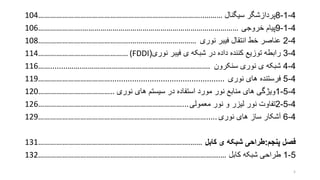 104………………………………………………………………………..………
106………………….……………………………………………………………………
108……………………………………….……………………………
114………………………………………
116……........…….……………………………………………………….
119………………………………....................................................
120………………………………..
126………………………………………………………………...
129………………………………………………………………………….....
131………………………………………………………………….……
132……………………………………………………………………………….…
4-1-8‫سیگنال‬ ‫پردازشگر‬
4-1-9‫خروجی‬ ‫پیام‬
4-2‫نوری‬ ‫فیبر‬ ‫انتقال‬ ‫خط‬ ‫عناصر‬
4-3‫نوری‬ ‫فیبر‬ ‫ی‬ ‫شبکه‬ ‫در‬ ‫داده‬ ‫کننده‬ ‫توزیع‬ ‫رابطه‬((FDDI
4-4‫سنکرون‬ ‫نوری‬ ‫ی‬ ‫شبکه‬
4-5‫نوری‬ ‫های‬ ‫فرستنده‬
4-5-1‫نوری‬ ‫های‬ ‫سیستم‬ ‫در‬ ‫استفاده‬ ‫مورد‬ ‫نور‬ ‫منابع‬ ‫های‬ ‫ویژگی‬
4-5-2‫معمولی‬ ‫نور‬ ‫و‬ ‫لیزر‬ ‫نور‬ ‫تفاوت‬
4-6‫نوری‬ ‫های‬ ‫ساز‬ ‫آشکار‬
‫پنجم‬ ‫فصل‬:‫کابل‬ ‫ی‬ ‫شبکه‬ ‫طراحی‬
5-1‫کابل‬ ‫شبکه‬ ‫طراحی‬
5
 