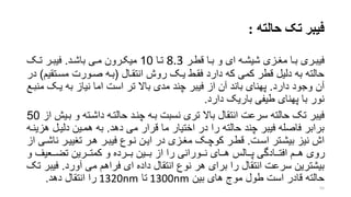 ‫حالته‬ ‫تک‬ ‫فیبر‬:
‫رری‬‫ر‬‫فیب‬‫رر‬‫ر‬‫قط‬ ‫را‬‫ر‬‫ب‬ ‫و‬ ‫ای‬ ‫ره‬‫ر‬‫شیش‬ ‫رزی‬‫ر‬‫من‬ ‫را‬‫ر‬‫ب‬8.3‫را‬‫ر‬‫ت‬10‫رد‬‫ر‬‫باش‬ ‫ری‬‫ر‬‫م‬ ‫ررون‬‫ر‬‫میک‬.‫رو‬‫ر‬‫ت‬ ‫رر‬‫ر‬‫فیب‬
‫انتقرال‬ ‫روش‬ ‫یرو‬ ‫فقرط‬ ‫دارد‬ ‫که‬ ‫کمی‬ ‫قطر‬ ‫دلیل‬ ‫به‬ ‫حالته‬(‫مسرتق‬ ‫صرورت‬ ‫بره‬‫یم‬)‫در‬
‫دارد‬ ‫وجود‬ ‫آن‬.‫یرو‬ ‫به‬ ‫نیاز‬ ‫اما‬ ‫است‬ ‫تر‬ ‫باال‬ ‫مدی‬ ‫چند‬ ‫فیبر‬ ‫از‬ ‫آن‬ ‫باند‬ ‫پهنای‬‫منبرع‬
‫دارد‬ ‫باریو‬ ‫طیفی‬ ‫پهنای‬ ‫با‬ ‫نور‬.
‫و‬ ‫داشرته‬ ‫حالتره‬ ‫چنرد‬ ‫بره‬ ‫نسبت‬ ‫تری‬ ‫باال‬ ‫انتقال‬ ‫سرعت‬ ‫حالته‬ ‫تو‬ ‫فیبر‬‫از‬ ‫بریش‬50
‫دهد‬ ‫می‬ ‫قرار‬ ‫ما‬ ‫اختیار‬ ‫در‬ ‫را‬ ‫حالته‬ ‫چند‬ ‫فیبر‬ ‫فاصله‬ ‫برابر‬.‫دلیر‬ ‫همرین‬ ‫به‬‫هزینره‬ ‫ل‬
‫اسرت‬ ‫بیشرتر‬ ‫نیز‬ ‫اش‬.‫ن‬ ‫تنییرر‬ ‫هرر‬ ‫فیبرر‬ ‫نروع‬ ‫ایرن‬ ‫در‬ ‫منرزی‬ ‫کوچرو‬ ‫قطرر‬‫از‬ ‫اشری‬
‫و‬ ‫ررعیف‬‫ر‬‫تض‬ ‫رررین‬‫ر‬‫کمت‬ ‫و‬ ‫رررده‬‫ر‬‫ب‬ ‫ررین‬‫ر‬‫ب‬ ‫از‬ ‫را‬ ‫ررورانی‬‫ر‬‫ن‬ ‫ررای‬‫ر‬‫ه‬ ‫ررالس‬‫ر‬‫پ‬ ‫ررادگی‬‫ر‬‫افت‬ ‫ررم‬‫ر‬‫ه‬ ‫روی‬
‫آورد‬ ‫می‬ ‫فراهم‬ ‫ای‬ ‫داده‬ ‫انتقال‬ ‫نوع‬ ‫هر‬ ‫برای‬ ‫را‬ ‫انتقال‬ ‫سرعت‬ ‫بیشترین‬.‫ف‬‫تو‬ ‫یبر‬
‫بین‬ ‫های‬ ‫موج‬ ‫طول‬ ‫است‬ ‫قادر‬ ‫حالته‬1300nm‫تا‬1320nm‫را‬‫دهد‬ ‫انتقال‬.
55
 