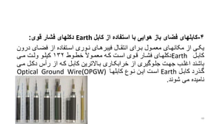 ۴-‫کابلهای‬‫از‬ ‫استفاده‬ ‫با‬ ‫هوایی‬ ‫باز‬ ‫فضای‬‫کابل‬Earth‫دکلهای‬‫قوی‬ ‫فشار‬:
‫د‬ ‫رای‬‫ر‬‫فض‬ ‫از‬ ‫رتفاده‬‫ر‬‫اس‬ ‫روری‬‫ر‬‫ن‬ ‫رای‬‫ر‬‫فیبره‬ ‫رال‬‫ر‬‫انتق‬ ‫ررای‬‫ر‬‫ب‬ ‫رول‬‫ر‬‫معم‬ ‫رای‬‫ر‬‫مکانه‬ ‫از‬ ‫ری‬‫ر‬‫یک‬‫رون‬
‫رل‬‫ر‬‫کاب‬Earth‫روط‬‫ر‬‫خط‬ ‫روال‬‫ر‬‫معم‬ ‫ره‬‫ر‬‫ک‬ ‫رت‬‫ر‬‫اس‬ ‫روی‬‫ر‬‫ق‬ ‫رار‬‫ر‬‫فش‬ ‫رای‬‫ر‬‫دکله‬۱۳۲‫ری‬‫ر‬‫م‬ ‫رت‬‫ر‬‫ول‬ ‫رو‬‫ر‬‫کیل‬
‫دکر‬ ‫س‬ ‫ر‬ ‫از‬ ‫کره‬ ‫کابرل‬ ‫براالترین‬ ‫خرابکراری‬ ‫از‬ ‫جلروگیری‬ ‫جهرت‬ ‫اغلرب‬ ‫باشند‬‫مری‬ ‫ل‬
‫رل‬‫ر‬‫کاب‬ ‫گرذرد‬Earth‫اسرت‬‫روع‬‫ر‬‫ن‬ ‫رن‬‫ر‬‫ای‬‫کابلهرا‬Optical Ground Wire(OPGW)
‫می‬ ‫نامیده‬‫شوند‬.
68
 