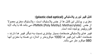 ‫پالستیکی‬ ‫نوری‬ ‫فیبر‬ ‫کابل‬(plastic clad optical):
‫م‬ ‫منرزی‬ ‫پالسرتیو‬ ، ‫اسرت‬ ‫پالسرتیو‬ ‫جنس‬ ‫از‬ ‫ها‬ ‫کابل‬ ‫این‬ ‫پوشش‬ ‫و‬ ‫منزی‬‫عمروال‬
‫جنس‬ ‫از‬PMMA (Poly Methy1 Methacrylate)،‫الیه‬ ‫یو‬ ‫با‬ ‫که‬ ‫باشد‬ ‫می‬
‫است‬ ‫شده‬ ‫پوشیده‬ ‫فلوروپلیمر‬.
‫ر‬‫ر‬‫فیب‬ ‫رر‬‫ر‬‫دیگ‬ ‫ره‬‫ر‬‫ب‬ ‫ربت‬‫ر‬‫نس‬ ‫رتری‬‫ر‬‫بیش‬ ‫ریار‬‫ر‬‫بس‬ ‫رخامت‬‫ر‬‫ض‬ ‫رتیکی‬‫ر‬‫پالس‬ ‫رای‬‫ر‬‫ه‬ ‫رر‬‫ر‬‫فیب‬، ‫رد‬‫ر‬‫دارن‬ ‫را‬‫ر‬‫ه‬ ‫ر‬
‫هرا‬ ‫فیبرر‬ ‫ایرن‬ ‫اغلب‬ ‫ضخامت‬1000‫آنهرا‬ ‫منرزی‬ ‫یرا‬ ‫هسرته‬ ‫ی‬ ‫انردازه‬ ‫و‬ ‫میکرومترر‬
980‫باشد‬ ‫می‬ ‫متر‬ ‫میکرو‬.
73
 