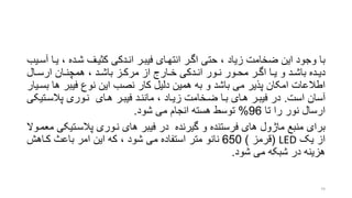 ‫یر‬ ، ‫شرده‬ ‫کتیرف‬ ‫انردکی‬ ‫فیبرر‬ ‫انتهرای‬ ‫اگرر‬ ‫حتی‬ ، ‫زیاد‬ ‫ضخامت‬ ‫این‬ ‫وجود‬ ‫با‬‫آسریب‬ ‫ا‬
‫رال‬‫ر‬‫ارس‬ ‫ران‬‫ر‬‫همچن‬ ، ‫رد‬‫ر‬‫باش‬ ‫رز‬‫ر‬‫مرک‬ ‫از‬ ‫رارج‬‫ر‬‫خ‬ ‫ردکی‬‫ر‬‫ان‬ ‫رور‬‫ر‬‫ن‬ ‫رور‬‫ر‬‫مح‬ ‫رر‬‫ر‬‫اگ‬ ‫را‬‫ر‬‫ی‬ ‫و‬ ‫رد‬‫ر‬‫باش‬ ‫رده‬‫ر‬‫دی‬
‫ه‬ ‫فیبر‬ ‫نوع‬ ‫این‬ ‫نصب‬ ‫کار‬ ‫دلیل‬ ‫همین‬ ‫به‬ ‫و‬ ‫باشد‬ ‫می‬ ‫پذیر‬ ‫امکان‬ ‫اطالعات‬‫بسریار‬ ‫ا‬
‫است‬ ‫آسان‬.‫پالسرت‬ ‫نروری‬ ‫هرای‬ ‫فیبرر‬ ‫ماننرد‬ ، ‫زیراد‬ ‫ضرخامت‬ ‫برا‬ ‫هرای‬ ‫فیبرر‬ ‫در‬‫یکی‬
‫تا‬ ‫را‬ ‫نور‬ ‫ارسال‬96%‫می‬ ‫انجام‬ ‫هسته‬ ‫توسط‬‫شود‬.
‫برای‬‫پالسرتیک‬ ‫نروری‬ ‫های‬ ‫فیبر‬ ‫در‬ ‫گیرنده‬ ‫و‬ ‫فرستنده‬ ‫های‬ ‫ماژول‬ ‫منبع‬‫معمروال‬ ‫ی‬
‫یو‬ ‫از‬LED(‫قرمز‬)650‫کراهش‬ ‫باع‬ ‫امر‬ ‫این‬ ‫که‬ ، ‫شود‬ ‫می‬ ‫استفاده‬ ‫متر‬ ‫نانو‬
‫شود‬ ‫می‬ ‫شبکه‬ ‫در‬ ‫هزینه‬.
74
 