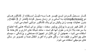 ‫رررررای‬‫ر‬‫کانکتوره‬ ‫از‬ ‫رررررتفاده‬‫ر‬‫اس‬ ‫رررررل‬‫ر‬‫دلی‬ ‫ررررره‬‫ر‬‫ب‬ ‫رررررا‬‫ر‬‫ه‬ ‫رررررر‬‫ر‬‫فیب‬ ‫رررررن‬‫ر‬‫ای‬ ‫رررررردن‬‫ر‬‫ک‬ ‫رررررمبل‬‫ر‬‫س‬ ‫رررررار‬‫ر‬‫ک‬
‫روع‬‫ر‬‫ن‬crimp&cleave،‫راه‬‫ر‬‫کوت‬ ‫ریار‬‫ر‬‫بس‬ ‫ران‬‫ر‬‫زم‬ ‫در‬ ‫و‬ ‫رانی‬‫ر‬‫آس‬ ‫ره‬‫ر‬‫ب‬(‫از‬ ‫رر‬‫ر‬‫کمت‬3‫ره‬‫ر‬‫دقیق‬)‫و‬
‫کانکتور‬ ‫یو‬ ‫برای‬ ‫پالیش‬ ‫زدن‬ ‫چسب‬ ‫عملیات‬ ‫بدون‬‫دوتایی‬‫می‬ ‫انجام‬‫شو‬‫د‬.
‫از‬‫هرا‬ ‫شربکه‬ ‫برای‬ ‫بیشتر‬ ، ‫سخت‬ ‫پولیمر‬ ‫پوشش‬ ‫با‬ ‫نوری‬ ‫فیبر‬ ‫کابل‬‫احتیراج‬ ‫کره‬ ‫یی‬
‫کارخانه‬ ‫و‬ ‫اداری‬ ‫های‬ ‫شبکه‬ ‫مانند‬ ، ‫است‬ ‫کم‬ ‫آنها‬ ‫طول‬ ‫و‬ ‫دارند‬ ‫باال‬ ‫سرعت‬ ‫به‬‫ها‬
‫پزشرکی‬ ‫و‬ ‫صرنعتی‬ ‫تجهیزات‬ ‫در‬ ‫کابل‬ ‫این‬ ‫از‬ ‫همچنین‬ ، ‫شود‬ ‫می‬ ‫استفاده‬‫سیسرتم‬ ،
‫سال‬ ‫در‬ ‫تصویر‬ ‫و‬ ‫صدا‬ ‫انتقال‬ ‫و‬ ‫آهن‬ ‫راه‬ ‫های‬ ‫واگن‬ ، ‫نما‬ ‫طیف‬ ‫و‬ ‫چراغانی‬ ‫های‬‫ن‬
‫شود‬ ‫می‬ ‫استفاده‬ ‫موسیقی‬ ‫های‬.
81
 