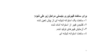 ‫برای‬‫ساخ‬‫فیبرنوری‬‫بایستی‬‫مراحل‬‫زیر‬‫طی‬‫شود‬:
۱-‫ساخت‬‫یو‬‫استوانه‬‫شیشه‬‫ای‬‫از‬‫پیش‬‫تعین‬‫شده‬
۲-‫کشیدن‬‫فیبر‬‫از‬‫استوانه‬‫آماده‬‫شده‬
۳-‫آزمایش‬‫فیبرهای‬‫تولید‬‫شده‬.
٤-‫ساخت‬‫استوانه‬‫شیشه‬‫ای‬
84
 