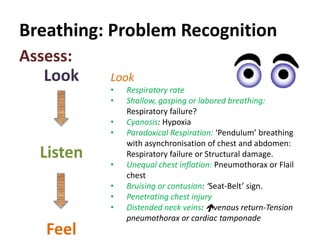 Breathing: Problem Recognition
Look
Listen
Feel
Assess:
Look
• Respiratory rate
• Shallow, gasping or labored breathing:
Respiratory failure?
• Cyanosis: Hypoxia
• Paradoxical Respiration: ‘Pendulum’ breathing
with asynchronisation of chest and abdomen:
Respiratory failure or Structural damage.
• Unequal chest inflation: Pneumothorax or Flail
chest
• Bruising or contusion: ‘Seat-Belt’ sign.
• Penetrating chest injury
• Distended neck veins: venous return-Tension
pneumothorax or cardiac tamponade
 