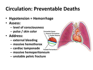 Circulation: Preventable Deaths
• Hypotension = Hemorrhage
• Assess:
– level of consciousness
– pulse / skin color
• Address:
– external bleeding
– massive hemothorax
– cardiac tamponade
– massive hemoperitoneum
– unstable pelvic fracture
 