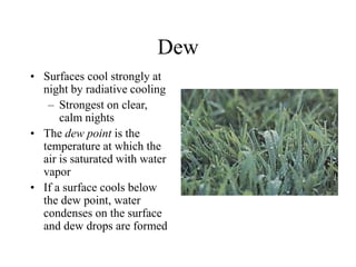 Dew
• Surfaces cool strongly at
night by radiative cooling
– Strongest on clear,
calm nights
• The dew point is the
temperature at which the
air is saturated with water
vapor
• If a surface cools below
the dew point, water
condenses on the surface
and dew drops are formed
 