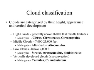 Cloud classification
• Clouds are categorized by their height, appearance
and vertical development
– High Clouds - generally above 16,000 ft at middle latitudes
• Main types - Cirrus, Cirrostratus, Cirrocumulus
– Middle Clouds – 7,000-23,000 feet
• Main types – Altostratus, Altocumulus
– Low Clouds - below 7,000 ft
• Main types – Stratus, stratocumulus, nimbostratus
– Vertically developed clouds (via convection)
• Main types – Cumulus, Cumulonimbus
 