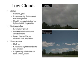 Low Clouds
• Stratus
– Uniform, gray
– Resembles fog that does not
reach the ground
– Usually no precipitation, but
light mist/drizzle possible
• Stratocumulus
– Low lumpy clouds
– Breaks (usually) between
cloud elements
– Lower base and larger
elements than altostratus
• Nimbostratus
– Dark gray
– Continuous light to moderate
rain or snow
– Evaporating rain below can
form stratus fractus
 