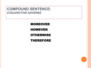 COMPOUND SENTENCE:
CONJUNCTIVE ADVERBS
MOREOVER
HOWEVER
OTHERWISE
THEREFORE
 