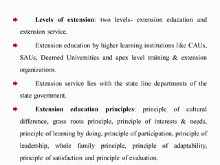 Levels of extension: two levels- extension education and
extension service.
Extension education by higher learning institutions like CAUs,
SAUs, Deemed Universities and apex level training & extension
organizations.
Extension service lies with the state line departments of the
state government.
Extension education principles: principle of cultural
difference, grass roots principle, principle of interests & needs,
principle of learning by doing, principle of participation, principle of
leadership, whole family principle, principle of adaptability,
principle of satisfaction and principle of evaluation.
 