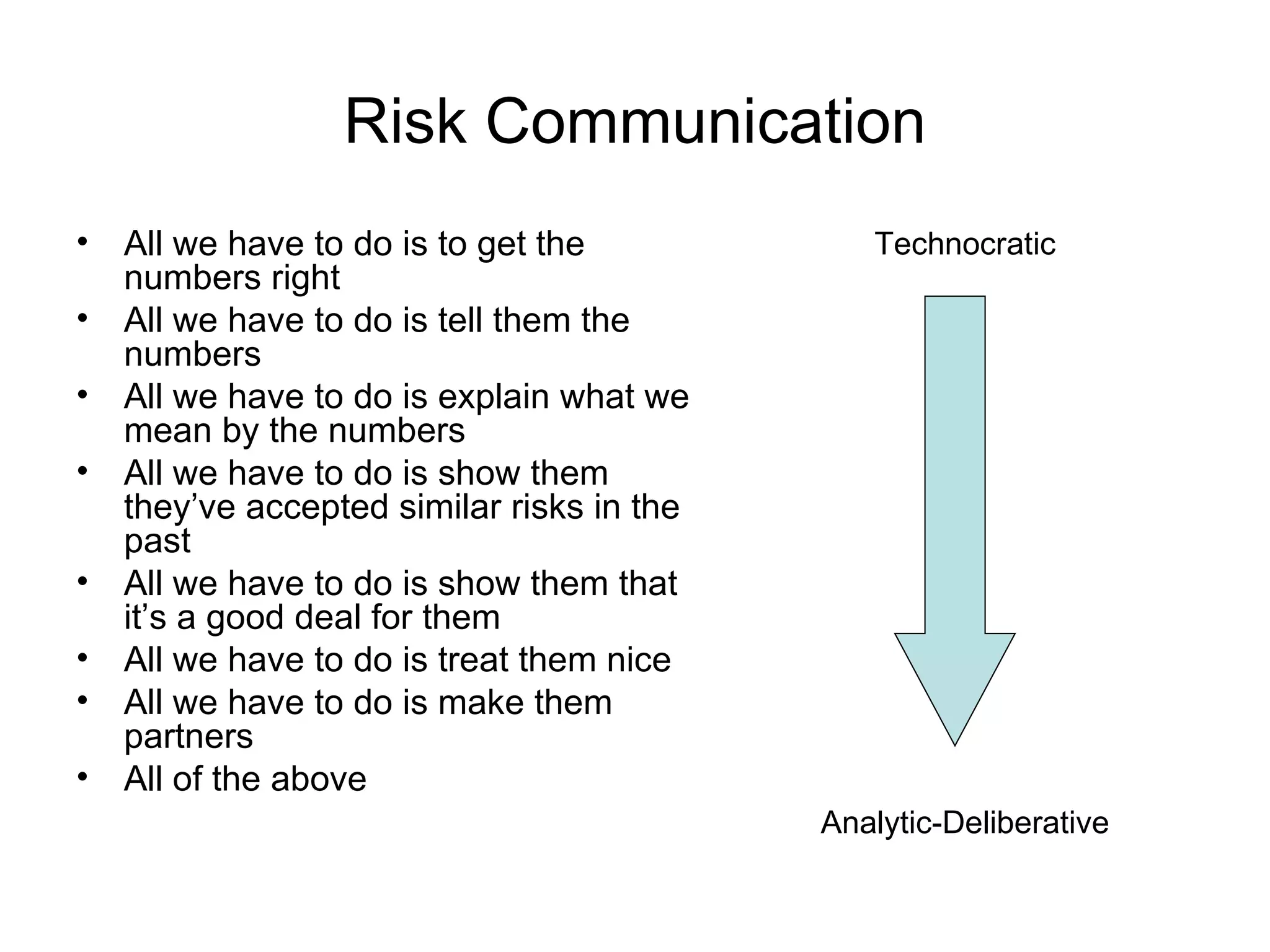 Risk Communication All we have to do is to get the numbers right All we have to do is tell them the numbers All we have to do is explain what we mean by the numbers All we have to do is show them they’ve accepted similar risks in the past All we have to do is show them that it’s a good deal for them All we have to do is treat them nice All we have to do is make them partners All of the above Technocratic Analytic-Deliberative 
