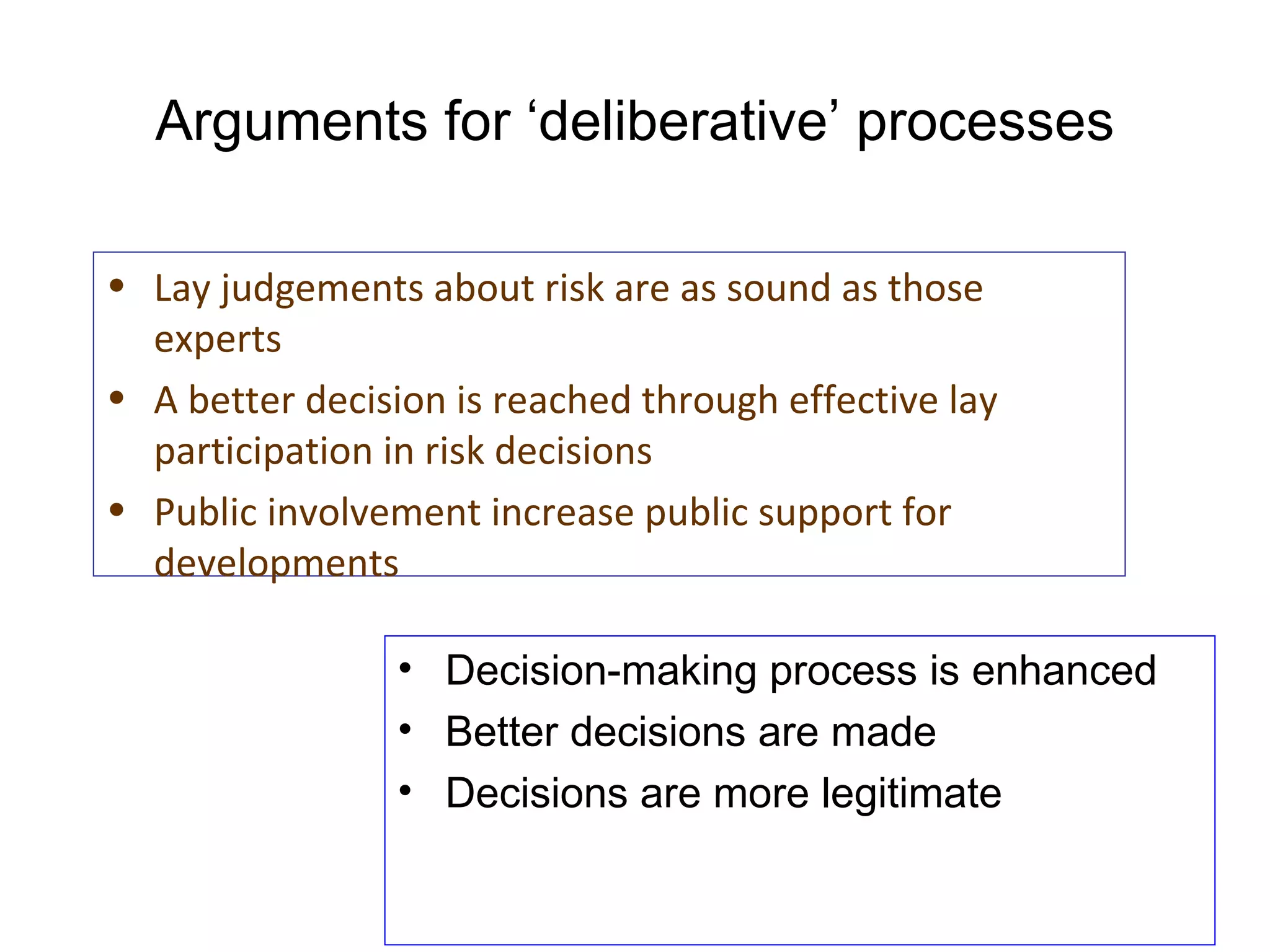 Arguments for ‘deliberative’ processes Decision-making process is enhanced Better decisions are made Decisions are more legitimate Lay judgements about risk are as sound as those experts A better decision is reached through effective lay participation in risk decisions Public involvement increase public support for developments 