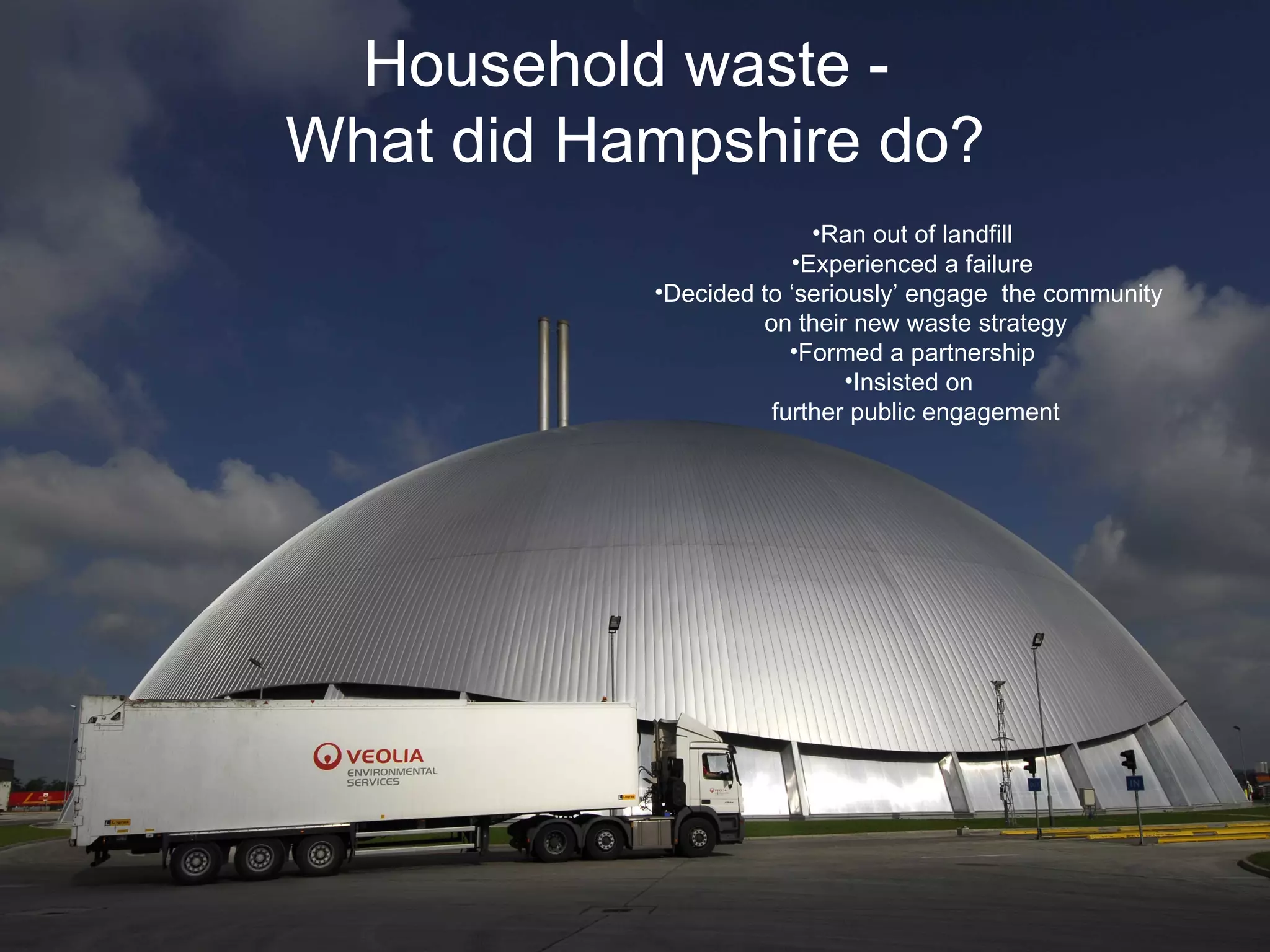 Household waste -  What did Hampshire do? Ran out of landfill Experienced a failure Decided to ‘seriously’ engage  the community  on their new waste strategy Formed a partnership Insisted on  further public engagement 