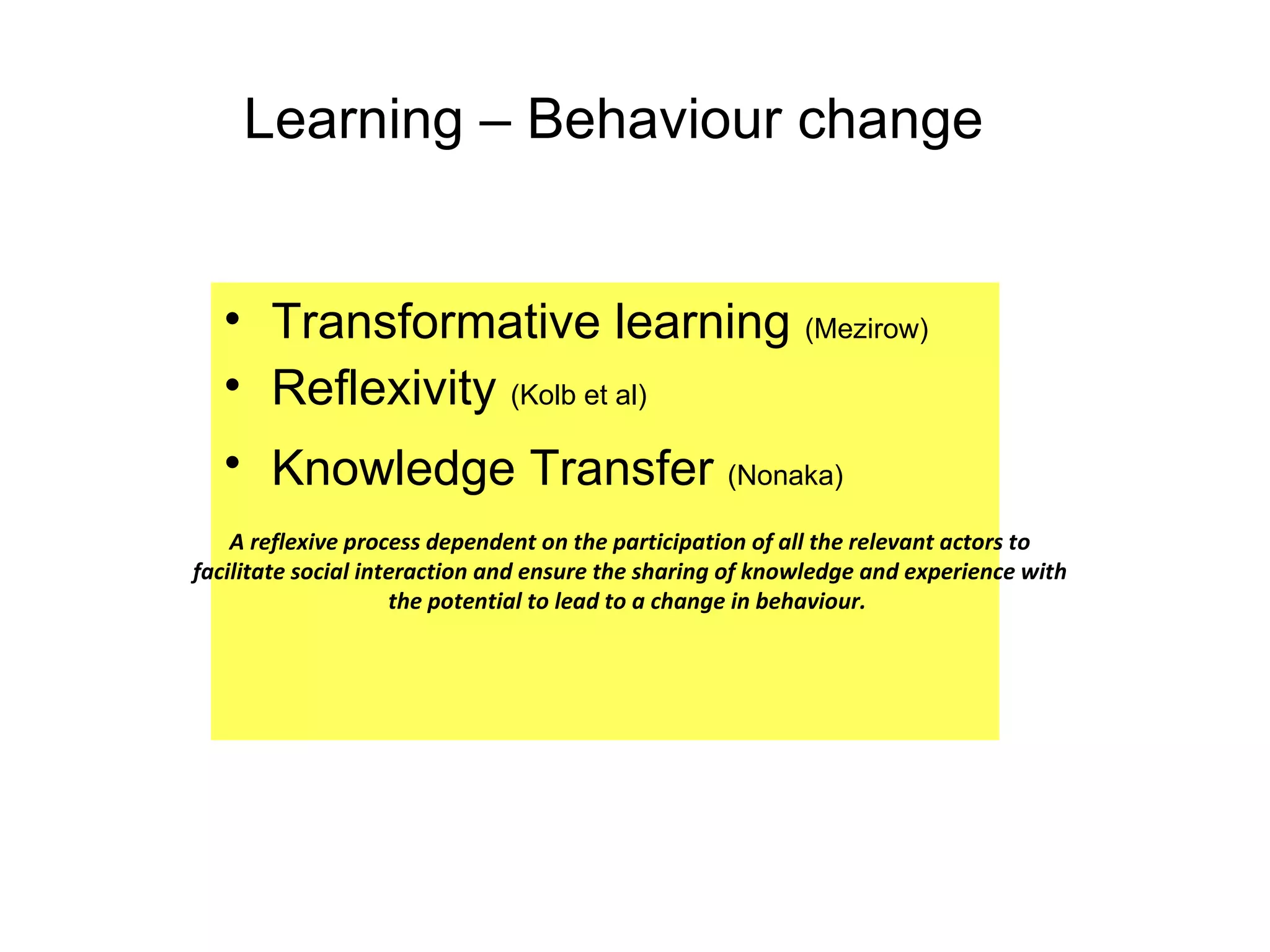 Learning – Behaviour change Transformative learning  (Mezirow) Reflexivity  (Kolb et al) Knowledge Transfer  (Nonaka)   A reflexive process dependent on the participation of all the relevant actors to facilitate social interaction and ensure the sharing of knowledge and experience with the potential to lead to a change in behaviour.   