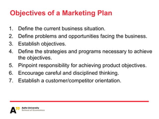 Objectives of a Marketing Plan

1. Define the current business situation.
2. Define problems and opportunities facing the business.
3. Establish objectives.
4. Define the strategies and programs necessary to achieve
   the objectives.
5. Pinpoint responsibility for achieving product objectives.
6. Encourage careful and disciplined thinking.
7. Establish a customer/competitor orientation.
 