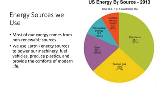 Energy Sources we
Use
• Most of our energy comes from
non-renewable sources
• We use Earth’s energy sources
to power our machinery, fuel
vehicles, produce plastics, and
provide the comforts of modern
life.
 