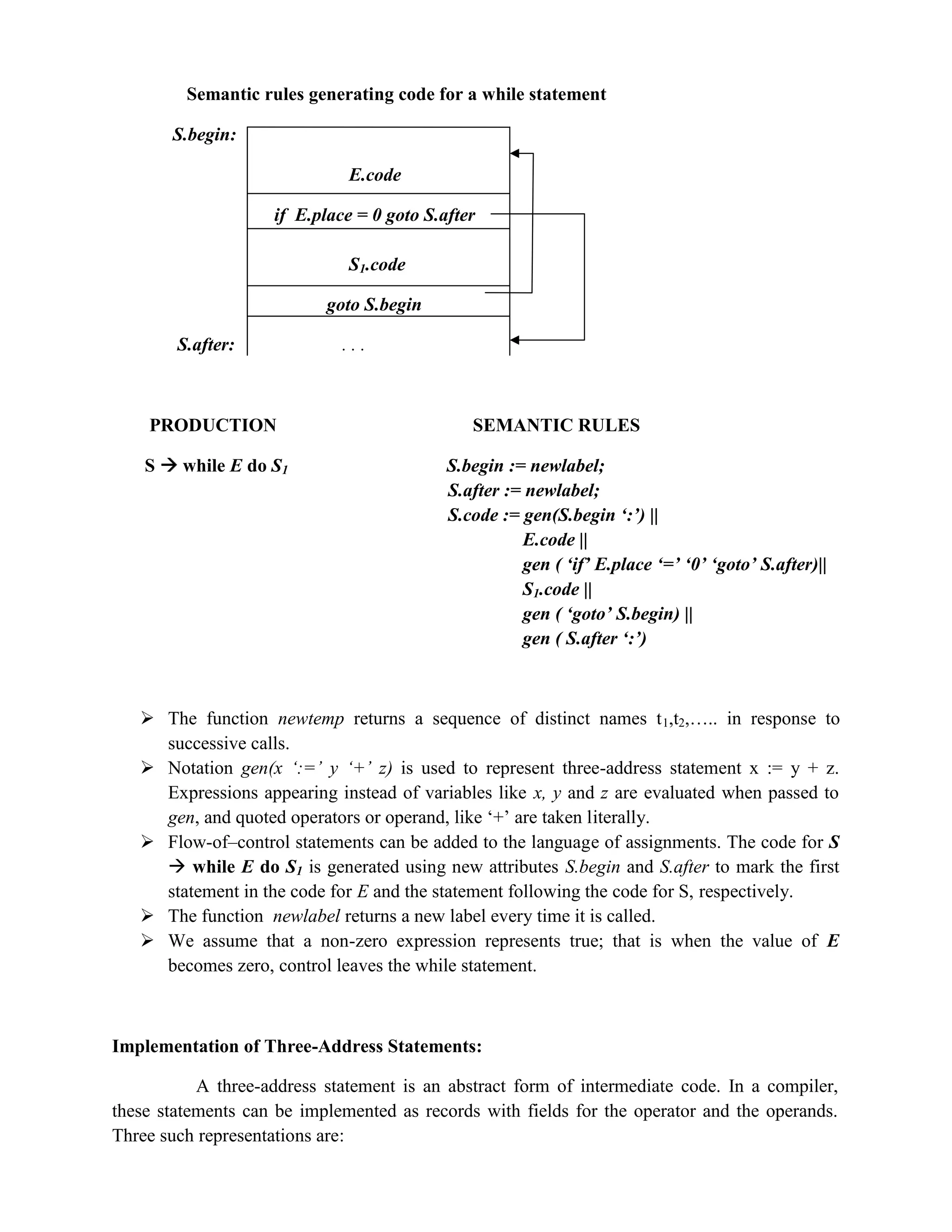 Semantic rules generating code for a while statement
S.begin:
E.code
if E.place = 0 goto S.after
S1.code
goto S.begin
S.after: . . .
PRODUCTION SEMANTIC RULES
S  while E do S1 S.begin := newlabel;
S.after := newlabel;
S.code := gen(S.begin ‘:’) ||
E.code ||
gen ( ‘if’ E.place ‘=’ ‘0’ ‘goto’ S.after)||
S1.code ||
gen ( ‘goto’ S.begin) ||
gen ( S.after ‘:’)
 The function newtemp returns a sequence of distinct names t1,t2,….. in response to
successive calls.
 Notation gen(x ‘:=’ y ‘+’ z) is used to represent three-address statement x := y + z.
Expressions appearing instead of variables like x, y and z are evaluated when passed to
gen, and quoted operators or operand, like ‘+’ are taken literally.
 Flow-of–control statements can be added to the language of assignments. The code for S
 while E do S1 is generated using new attributes S.begin and S.after to mark the first
statement in the code for E and the statement following the code for S, respectively.
 The function newlabel returns a new label every time it is called.
 We assume that a non-zero expression represents true; that is when the value of E
becomes zero, control leaves the while statement.
Implementation of Three-Address Statements:
A three-address statement is an abstract form of intermediate code. In a compiler,
these statements can be implemented as records with fields for the operator and the operands.
Three such representations are:
 