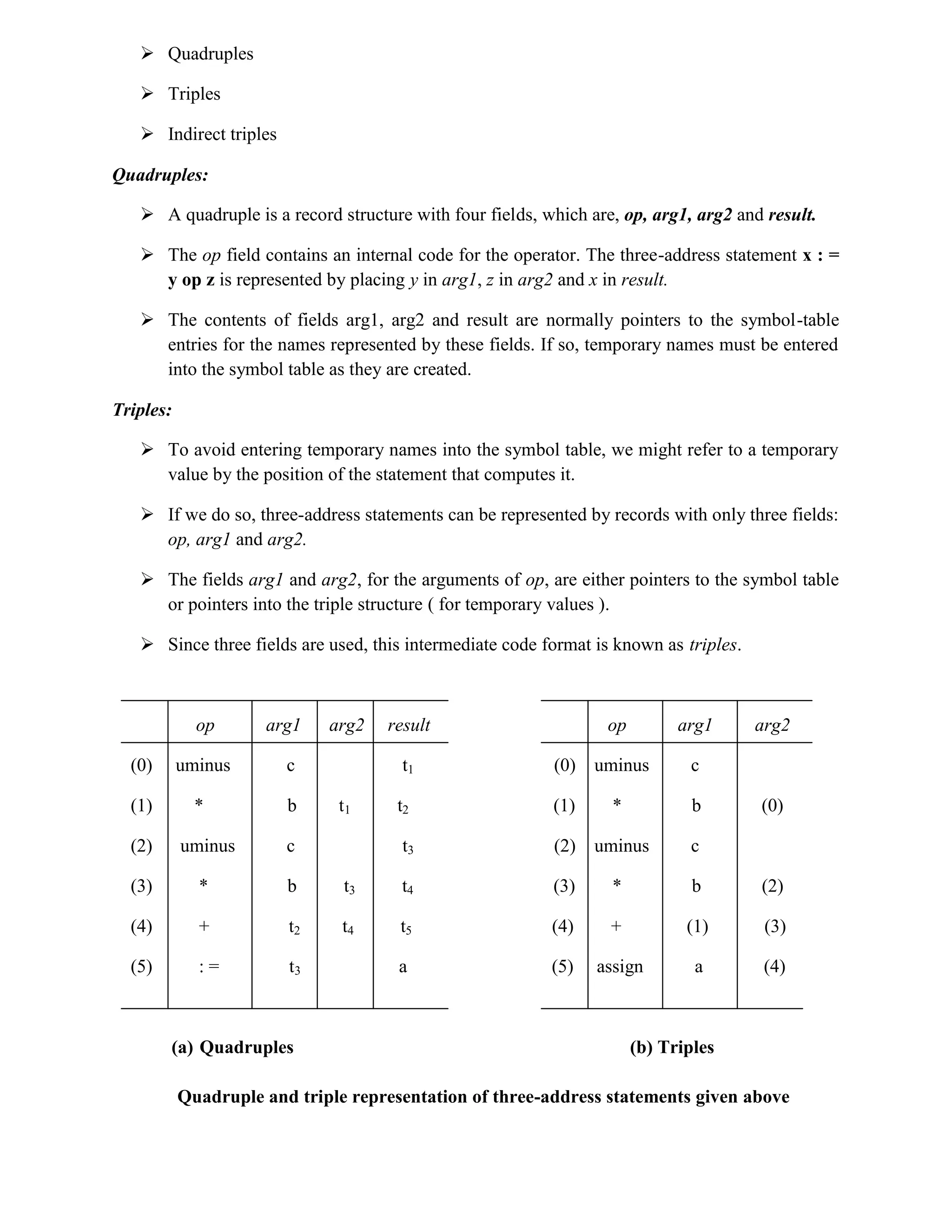  Quadruples
 Triples
 Indirect triples
Quadruples:
 A quadruple is a record structure with four fields, which are, op, arg1, arg2 and result.
 The op field contains an internal code for the operator. The three-address statement x : =
y op z is represented by placing y in arg1, z in arg2 and x in result.
 The contents of fields arg1, arg2 and result are normally pointers to the symbol-table
entries for the names represented by these fields. If so, temporary names must be entered
into the symbol table as they are created.
Triples:
 To avoid entering temporary names into the symbol table, we might refer to a temporary
value by the position of the statement that computes it.
 If we do so, three-address statements can be represented by records with only three fields:
op, arg1 and arg2.
 The fields arg1 and arg2, for the arguments of op, are either pointers to the symbol table
or pointers into the triple structure ( for temporary values ).
 Since three fields are used, this intermediate code format is known as triples.
op arg1 arg2 result op arg1 arg2
(0) uminus c t1 (0) uminus c
(1) * b t1 t2 (1) * b (0)
(2) uminus c t3 (2) uminus c
(3) * b t3 t4 (3) * b (2)
(4) + t2 t4 t5 (4) + (1) (3)
(5) : = t3 a (5) assign a (4)
(a) Quadruples (b) Triples
Quadruple and triple representation of three-address statements given above
 
