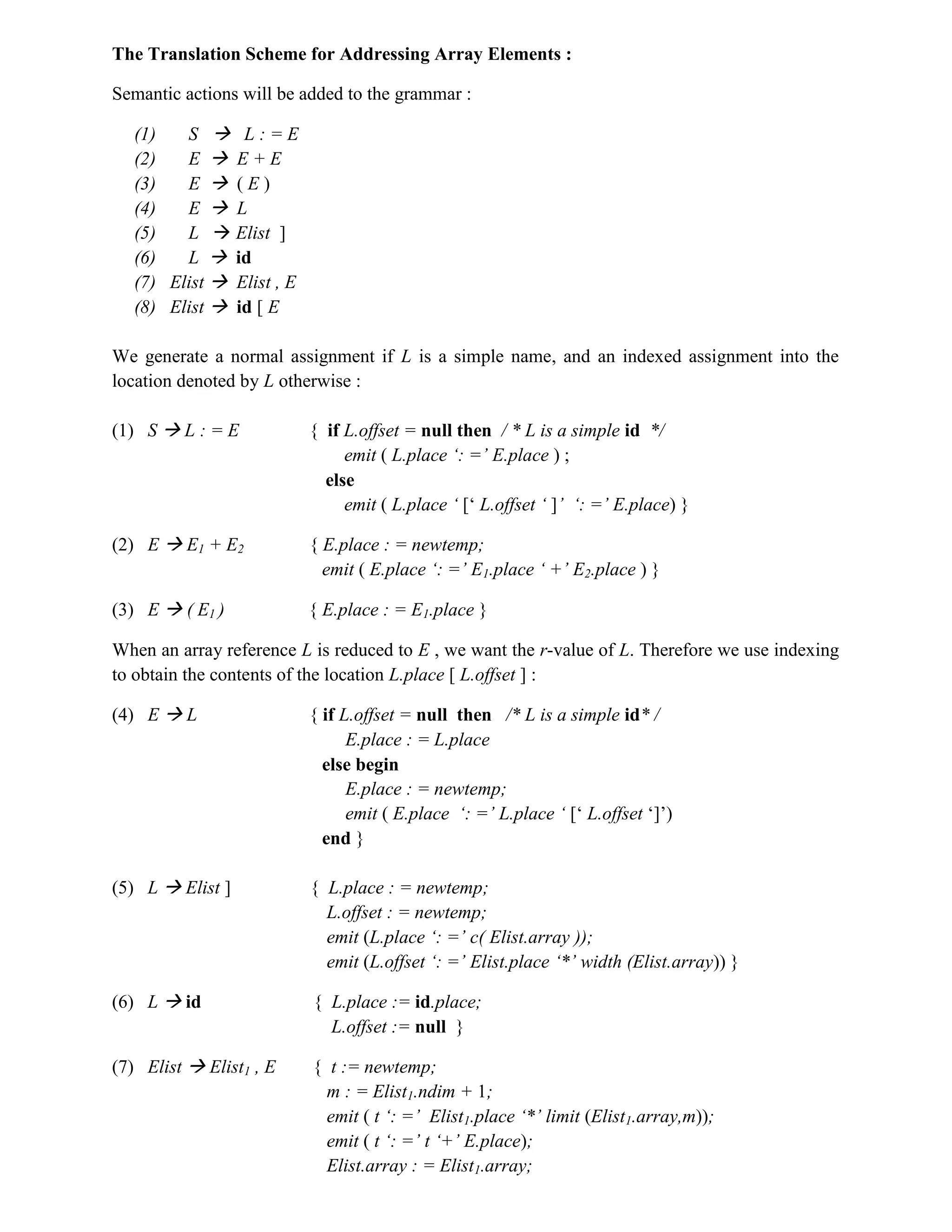 The Translation Scheme for Addressing Array Elements :
Semantic actions will be added to the grammar :
(1) S  L : = E
(2) E  E + E
(3) E  ( E )
(4) E  L
(5) L  Elist ]
(6) L  id
(7) Elist  Elist , E
(8) Elist  id [ E
We generate a normal assignment if L is a simple name, and an indexed assignment into the
location denoted by L otherwise :
(1) S  L : = E { if L.offset = null then / * L is a simple id */
emit ( L.place ‘: =’ E.place ) ;
else
emit ( L.place ‘ [‘ L.offset ‘ ]’ ‘: =’ E.place) }
(2) E  E1 + E2 { E.place : = newtemp;
emit ( E.place ‘: =’ E1.place ‘ +’ E2.place ) }
(3) E  ( E1 ) { E.place : = E1.place }
When an array reference L is reduced to E , we want the r-value of L. Therefore we use indexing
to obtain the contents of the location L.place [ L.offset ] :
(4) E  L { if L.offset = null then /* L is a simple id* /
E.place : = L.place
else begin
E.place : = newtemp;
emit ( E.place ‘: =’ L.place ‘ [‘ L.offset ‘]’)
end }
(5) L  Elist ] { L.place : = newtemp;
L.offset : = newtemp;
emit (L.place ‘: =’ c( Elist.array ));
emit (L.offset ‘: =’ Elist.place ‘*’ width (Elist.array)) }
(6) L  id { L.place := id.place;
L.offset := null }
(7) Elist  Elist1 , E { t := newtemp;
m : = Elist1.ndim + 1;
emit ( t ‘: =’ Elist1.place ‘*’ limit (Elist1.array,m));
emit ( t ‘: =’ t ‘+’ E.place);
Elist.array : = Elist1.array;
 
