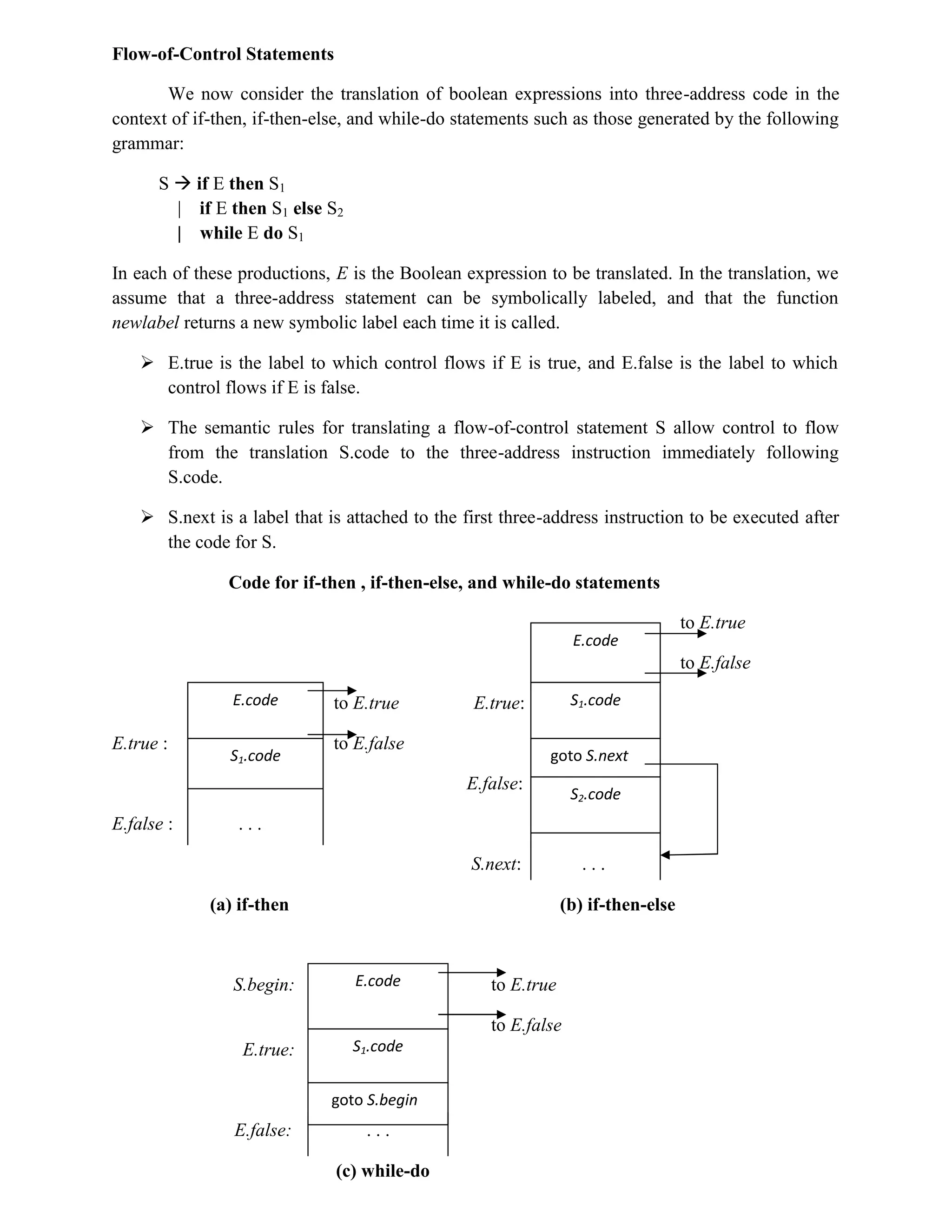 Flow-of-Control Statements
We now consider the translation of boolean expressions into three-address code in the
context of if-then, if-then-else, and while-do statements such as those generated by the following
grammar:
S  if E then S1
| if E then S1 else S2
| while E do S1
In each of these productions, E is the Boolean expression to be translated. In the translation, we
assume that a three-address statement can be symbolically labeled, and that the function
newlabel returns a new symbolic label each time it is called.
 E.true is the label to which control flows if E is true, and E.false is the label to which
control flows if E is false.
 The semantic rules for translating a flow-of-control statement S allow control to flow
from the translation S.code to the three-address instruction immediately following
S.code.
 S.next is a label that is attached to the first three-address instruction to be executed after
the code for S.
Code for if-then , if-then-else, and while-do statements
to E.true
to E.false
to E.true E.true:
E.true : to E.false
E.false:
E.false : . . .
S.next: . . .
(a) if-then (b) if-then-else
S.begin: to E.true
to E.false
E.true:
E.false: . . .
(c) while-do
E.code
S1.code
E.code
S1.code
goto S.next
S2.code
E.code
S1.code
goto S.begin
 