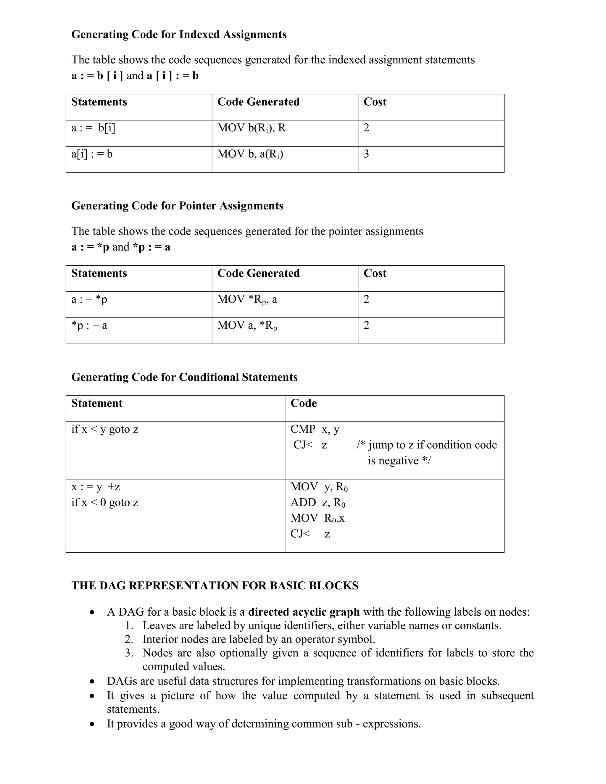 Generating Code for Indexed Assignments
The table shows the code sequences generated for the indexed assignment statements
a : = b [ i ] and a [ i ] : = b
Statements Code Generated Cost
a : = b[i] MOV b(Ri), R 2
a[i] : = b MOV b, a(Ri) 3
Generating Code for Pointer Assignments
The table shows the code sequences generated for the pointer assignments
a : = *p and *p : = a
Statements Code Generated Cost
a : = *p MOV *Rp, a 2
*p : = a MOV a, *Rp 2
Generating Code for Conditional Statements
Statement Code
if x < y goto z CMP x, y
CJ< z /* jump to z if condition code
is negative */
x : = y +z
if x < 0 goto z
MOV y, R0
ADD z, R0
MOV R0,x
CJ< z
THE DAG REPRESENTATION FOR BASIC BLOCKS
 A DAG for a basic block is a directed acyclic graph with the following labels on nodes:
1. Leaves are labeled by unique identifiers, either variable names or constants.
2. Interior nodes are labeled by an operator symbol.
3. Nodes are also optionally given a sequence of identifiers for labels to store the
computed values.
 DAGs are useful data structures for implementing transformations on basic blocks.
 It gives a picture of how the value computed by a statement is used in subsequent
statements.
 It provides a good way of determining common sub - expressions.
 