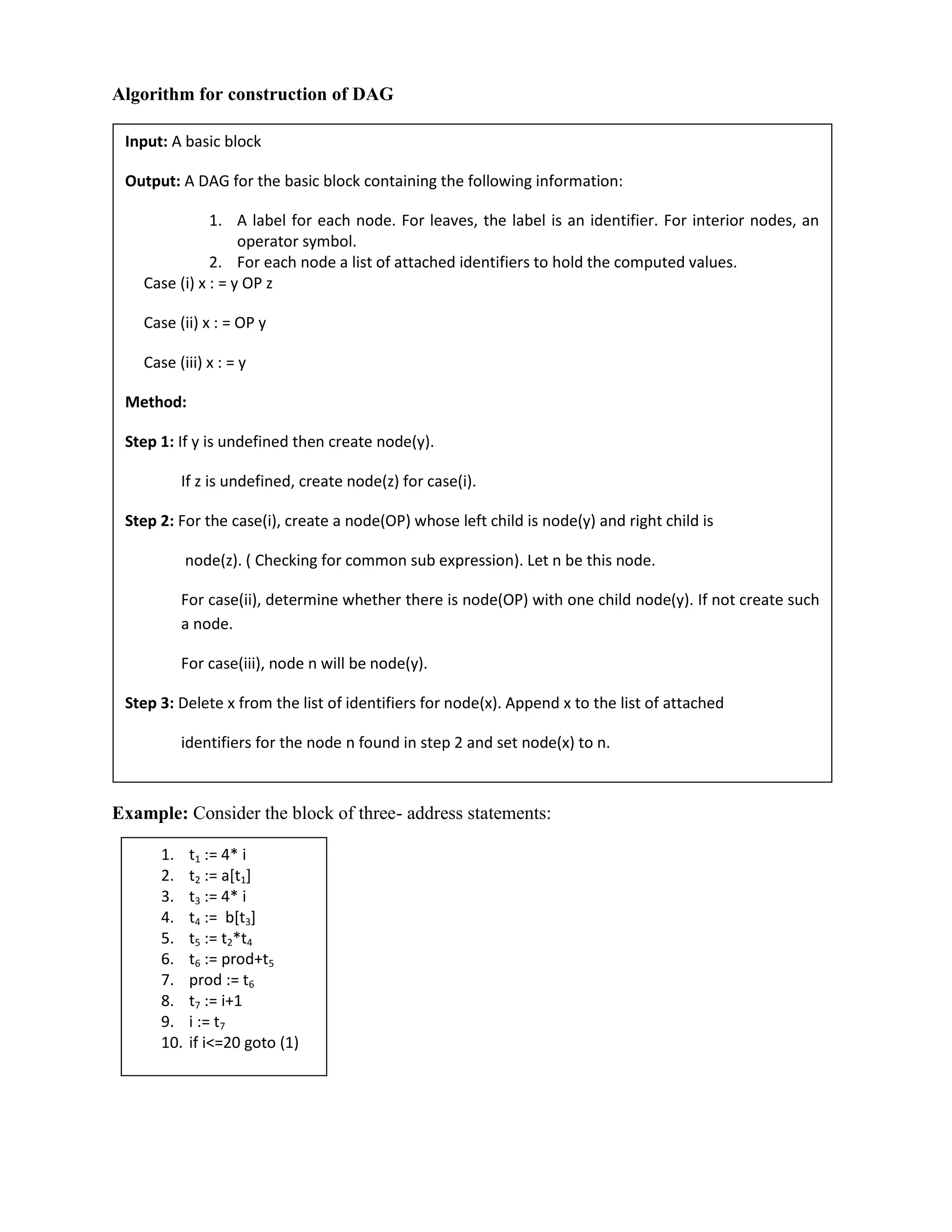 Algorithm for construction of DAG
Example: Consider the block of three- address statements:
1. t1 := 4* i
2. t2 := a[t1]
3. t3 := 4* i
4. t4 := b[t3]
5. t5 := t2*t4
6. t6 := prod+t5
7. prod := t6
8. t7 := i+1
9. i := t7
10. if i<=20 goto (1)
Input: A basic block
Output: A DAG for the basic block containing the following information:
1. A label for each node. For leaves, the label is an identifier. For interior nodes, an
operator symbol.
2. For each node a list of attached identifiers to hold the computed values.
Case (i) x : = y OP z
Case (ii) x : = OP y
Case (iii) x : = y
Method:
Step 1: If y is undefined then create node(y).
If z is undefined, create node(z) for case(i).
Step 2: For the case(i), create a node(OP) whose left child is node(y) and right child is
node(z). ( Checking for common sub expression). Let n be this node.
For case(ii), determine whether there is node(OP) with one child node(y). If not create such
a node.
For case(iii), node n will be node(y).
Step 3: Delete x from the list of identifiers for node(x). Append x to the list of attached
identifiers for the node n found in step 2 and set node(x) to n.
 