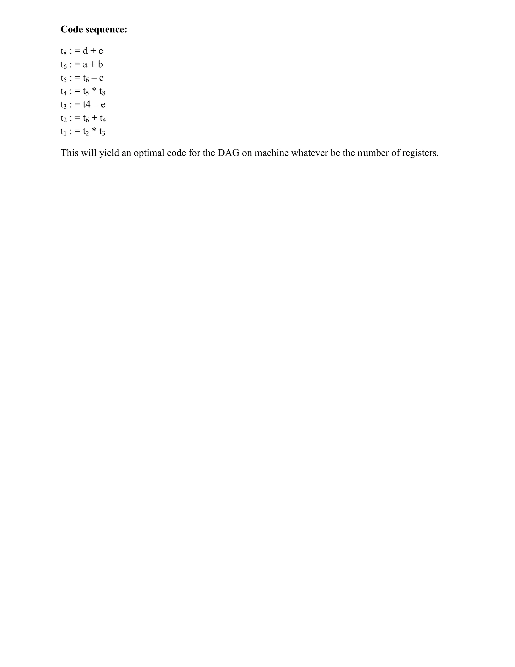Code sequence:
t8 : = d + e
t6 : = a + b
t5 : = t6 – c
t4 : = t5 * t8
t3 : = t4 – e
t2 : = t6 + t4
t1 : = t2 * t3
This will yield an optimal code for the DAG on machine whatever be the number of registers.
 