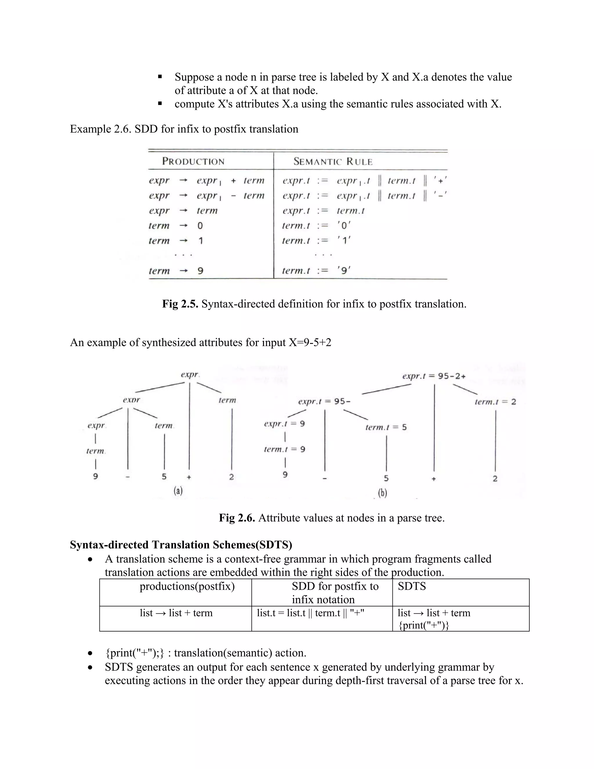  Suppose a node n in parse tree is labeled by X and X.a denotes the value
of attribute a of X at that node.
 compute X's attributes X.a using the semantic rules associated with X.
Example 2.6. SDD for infix to postfix translation
Fig 2.5. Syntax-directed definition for infix to postfix translation.
An example of synthesized attributes for input X=9-5+2
Fig 2.6. Attribute values at nodes in a parse tree.
Syntax-directed Translation Schemes(SDTS)
• A translation scheme is a context-free grammar in which program fragments called
translation actions are embedded within the right sides of the production.
productions(postfix) SDD for postfix to
infix notation
SDTS
list → list + term list.t = list.t || term.t || "+" list → list + term
{print("+")}
• {print("+");} : translation(semantic) action.
• SDTS generates an output for each sentence x generated by underlying grammar by
executing actions in the order they appear during depth-first traversal of a parse tree for x.
 