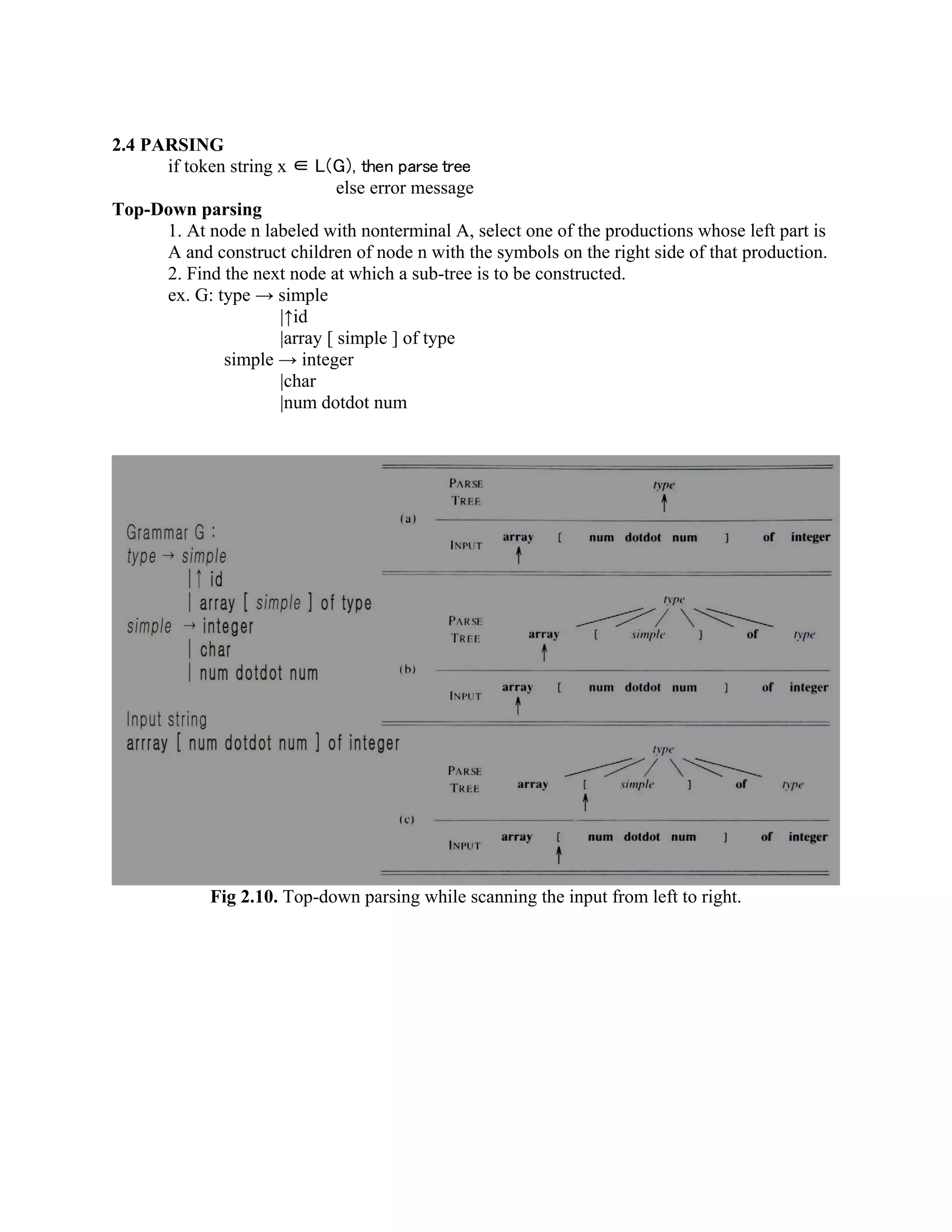 2.4 PARSING
if token string x ∈ L(G), then parse tree
else error message
Top-Down parsing
1. At node n labeled with nonterminal A, select one of the productions whose left part is
A and construct children of node n with the symbols on the right side of that production.
2. Find the next node at which a sub-tree is to be constructed.
ex. G: type → simple
|↑id
|array [ simple ] of type
simple → integer
|char
|num dotdot num
Fig 2.10. Top-down parsing while scanning the input from left to right.
 