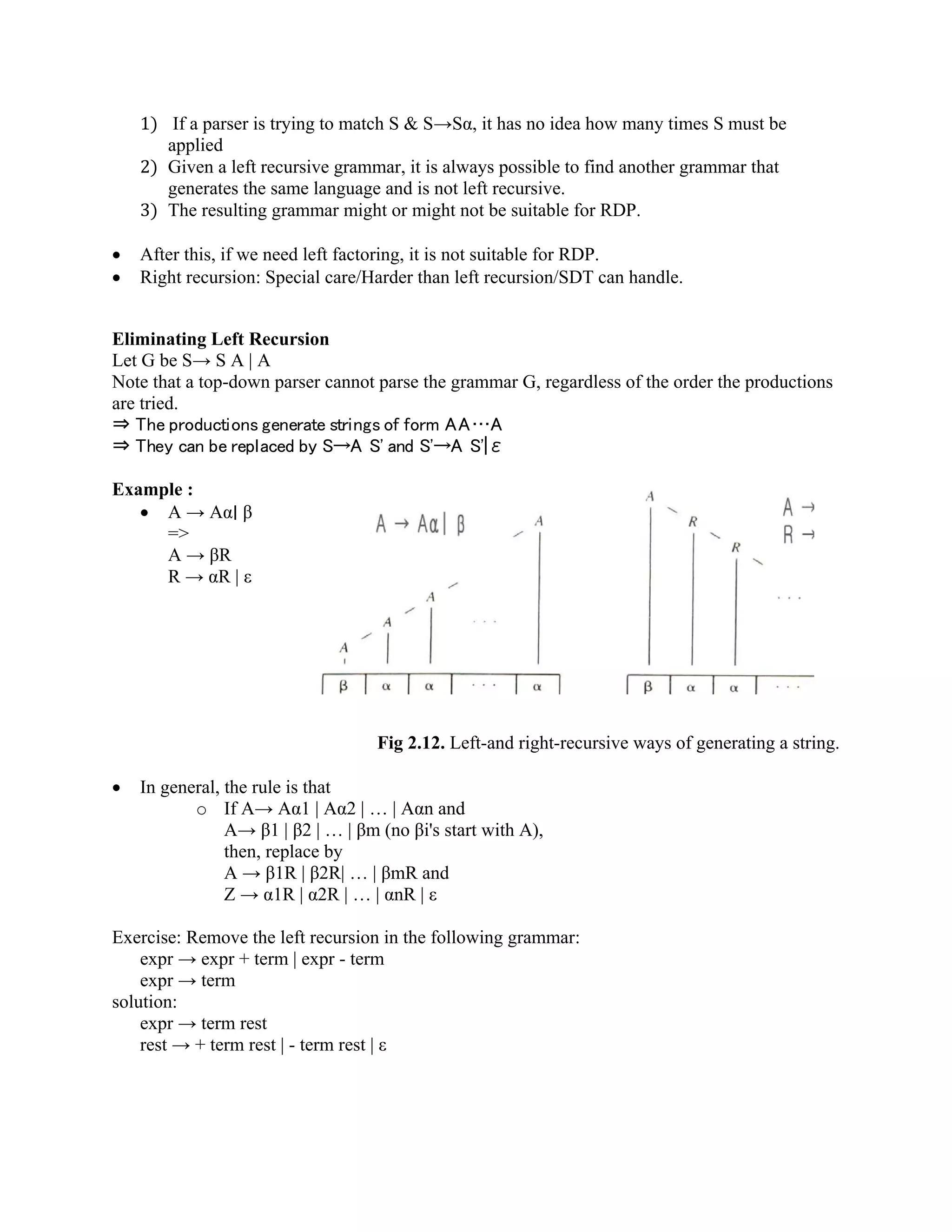 1) If a parser is trying to match S & S→Sα, it has no idea how many times S must be
applied
2) Given a left recursive grammar, it is always possible to find another grammar that
generates the same language and is not left recursive.
3) The resulting grammar might or might not be suitable for RDP.
• After this, if we need left factoring, it is not suitable for RDP.
• Right recursion: Special care/Harder than left recursion/SDT can handle.
Eliminating Left Recursion
Let G be S→ S A | A
Note that a top-down parser cannot parse the grammar G, regardless of the order the productions
are tried.
⇒ The productions generate strings of form AA…A
⇒ They can be replaced by S→A S' and S'→A S'|ε
Example :
• A → Aα∣ β
=>
A → βR
R → αR | ε
Fig 2.12. Left-and right-recursive ways of generating a string.
• In general, the rule is that
o If A→ Aα1 | Aα2 | … | Aαn and
A→ β1 | β2 | … | βm (no βi's start with A),
then, replace by
A → β1R | β2R| … | βmR and
Z → α1R | α2R | … | αnR | ε
Exercise: Remove the left recursion in the following grammar:
expr → expr + term | expr - term
expr → term
solution:
expr → term rest
rest → + term rest | - term rest | ε
 