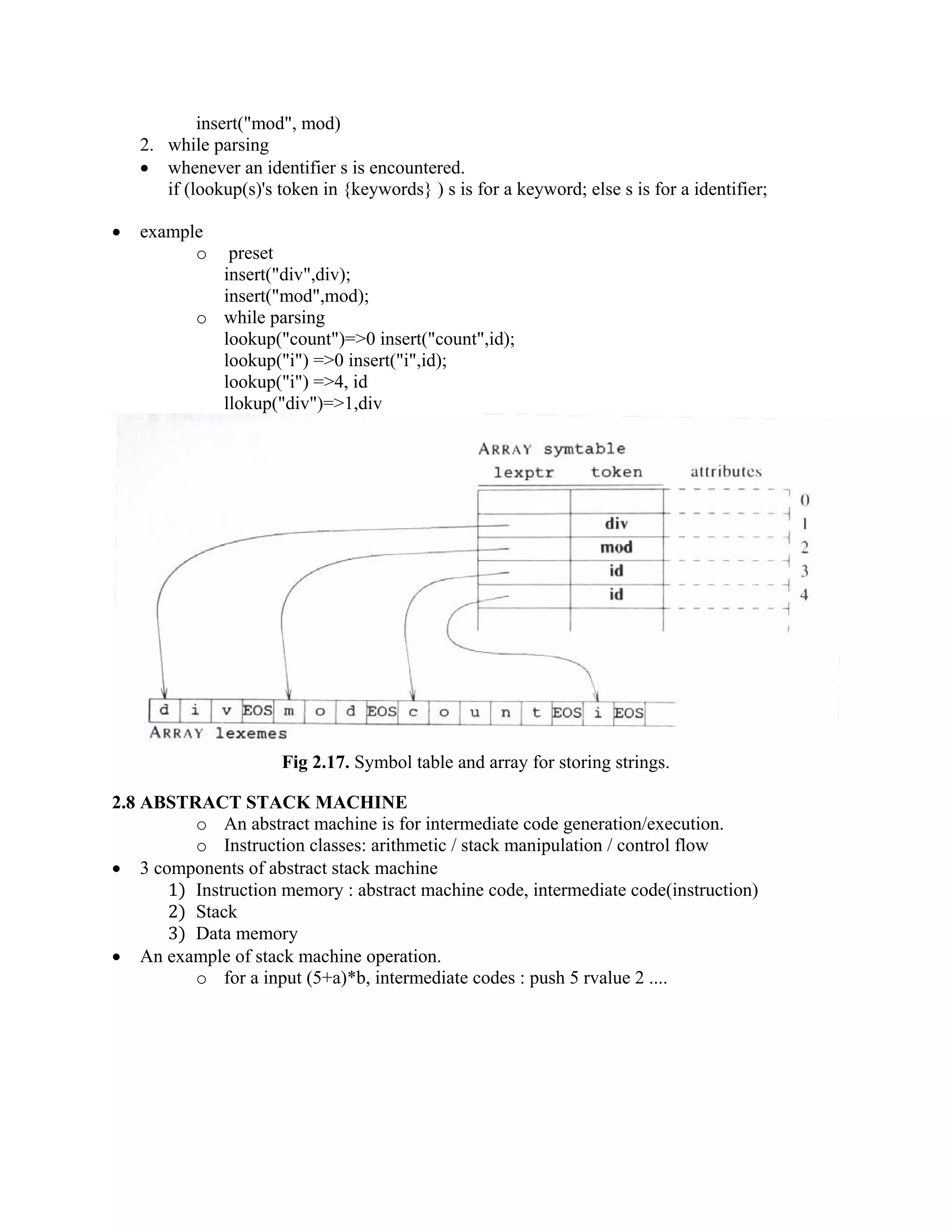 insert("mod", mod)
2. while parsing
• whenever an identifier s is encountered.
if (lookup(s)'s token in {keywords} ) s is for a keyword; else s is for a identifier;
• example
o preset
insert("div",div);
insert("mod",mod);
o while parsing
lookup("count")=>0 insert("count",id);
lookup("i") =>0 insert("i",id);
lookup("i") =>4, id
llokup("div")=>1,div
Fig 2.17. Symbol table and array for storing strings.
2.8 ABSTRACT STACK MACHINE
o An abstract machine is for intermediate code generation/execution.
o Instruction classes: arithmetic / stack manipulation / control flow
• 3 components of abstract stack machine
1) Instruction memory : abstract machine code, intermediate code(instruction)
2) Stack
3) Data memory
• An example of stack machine operation.
o for a input (5+a)*b, intermediate codes : push 5 rvalue 2 ....
 