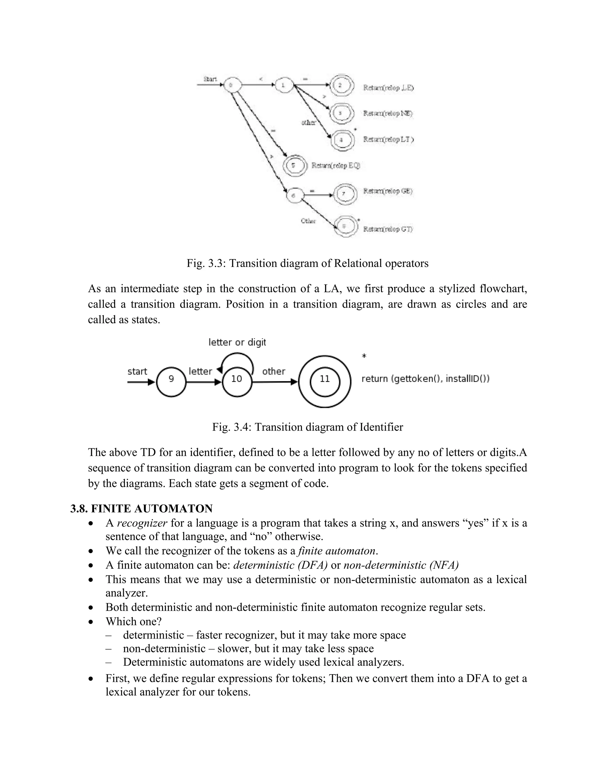 Fig. 3.3: Transition diagram of Relational operators
As an intermediate step in the construction of a LA, we first produce a stylized flowchart,
called a transition diagram. Position in a transition diagram, are drawn as circles and are
called as states.
Fig. 3.4: Transition diagram of Identifier
The above TD for an identifier, defined to be a letter followed by any no of letters or digits.A
sequence of transition diagram can be converted into program to look for the tokens specified
by the diagrams. Each state gets a segment of code.
3.8. FINITE AUTOMATON
• A recognizer for a language is a program that takes a string x, and answers “yes” if x is a
sentence of that language, and “no” otherwise.
• We call the recognizer of the tokens as a finite automaton.
• A finite automaton can be: deterministic (DFA) or non-deterministic (NFA)
• This means that we may use a deterministic or non-deterministic automaton as a lexical
analyzer.
• Both deterministic and non-deterministic finite automaton recognize regular sets.
• Which one?
– deterministic – faster recognizer, but it may take more space
– non-deterministic – slower, but it may take less space
– Deterministic automatons are widely used lexical analyzers.
• First, we define regular expressions for tokens; Then we convert them into a DFA to get a
lexical analyzer for our tokens.
 
