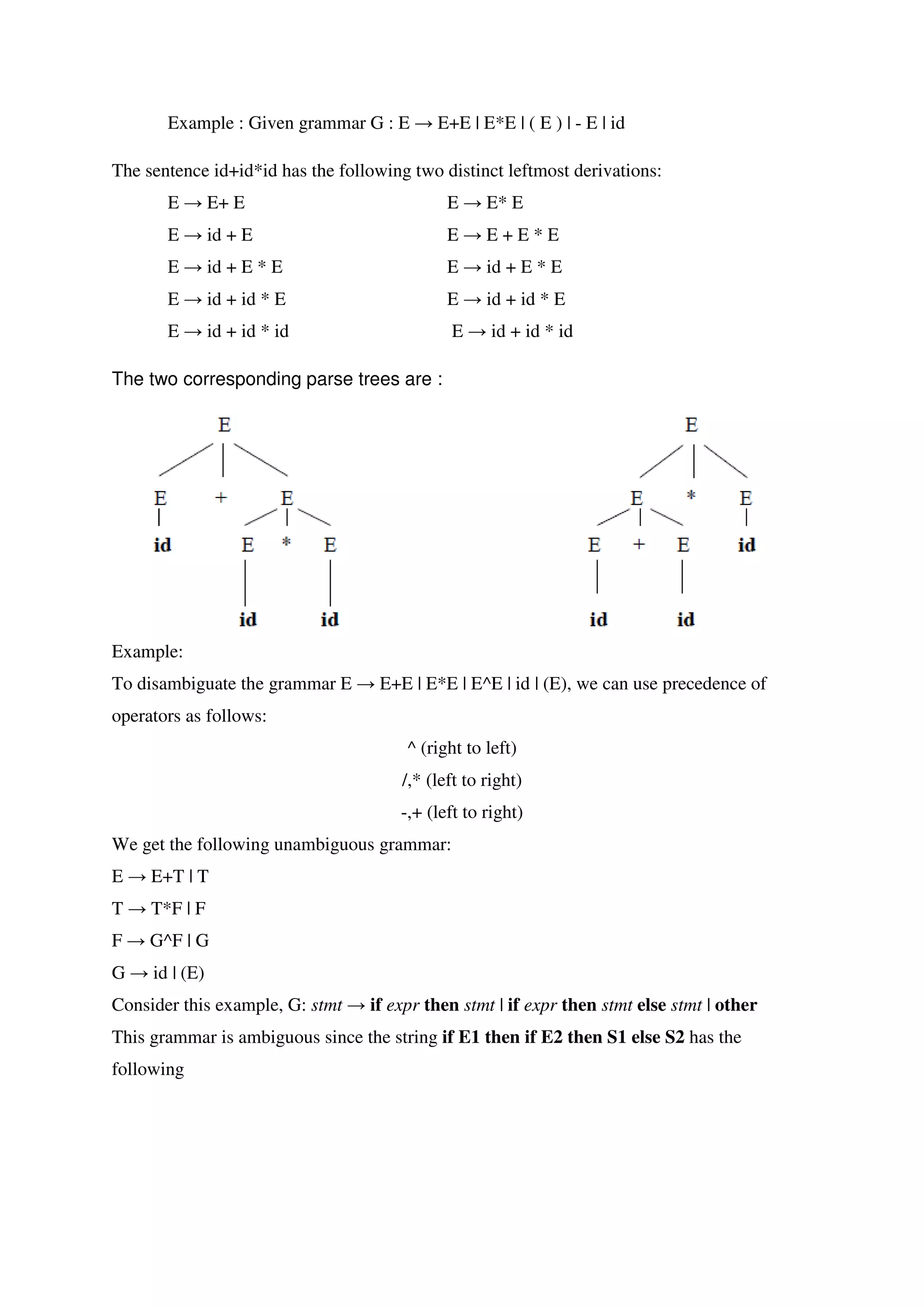 Example : Given grammar G : E → E+E | E*E | ( E ) | - E | id
The sentence id+id*id has the following two distinct leftmost derivations:
E → E+ E E → E* E
E → id + E E → E + E * E
E → id + E * E E → id + E * E
E → id + id * E E → id + id * E
E → id + id * id E → id + id * id
The two corresponding parse trees are :
Example:
To disambiguate the grammar E → E+E | E*E | E^E | id | (E), we can use precedence of
operators as follows:
^ (right to left)
/,* (left to right)
-,+ (left to right)
We get the following unambiguous grammar:
E → E+T | T
T → T*F | F
F → G^F | G
G → id | (E)
Consider this example, G: stmt → if expr then stmt | if expr then stmt else stmt | other
This grammar is ambiguous since the string if E1 then if E2 then S1 else S2 has the
following
 