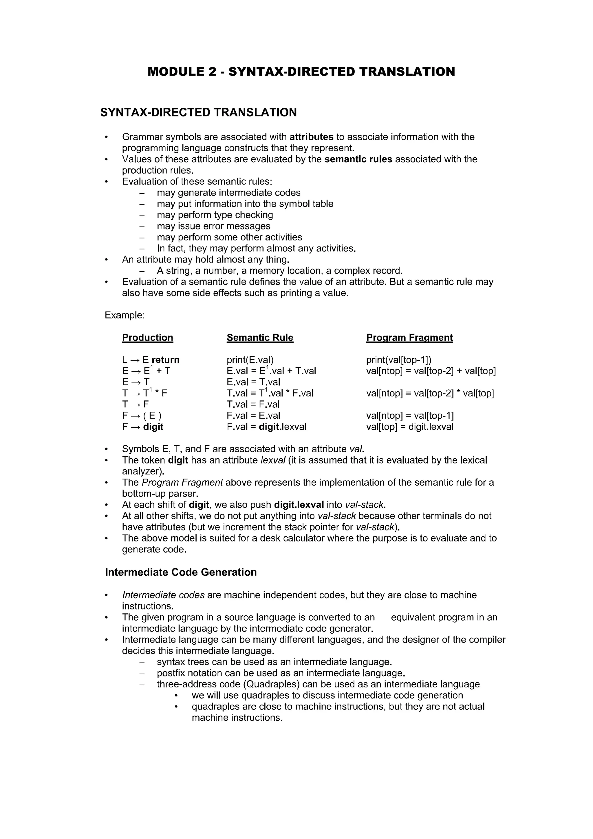 MODULE 2 - SYNTAX-DIRECTED TRANSLATION
 