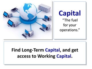 Capital
                       “The fuel
                        for your
                      operations.”



Find Long-Term Capital, and get
   access to Working Capital.
 