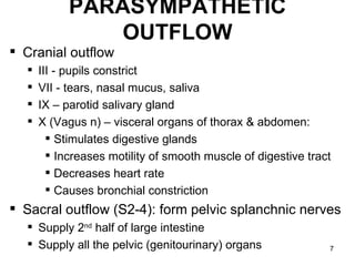 PARASYMPATHETIC
                OUTFLOW
 Cranial outflow
     III - pupils constrict
     VII - tears, nasal mucus, saliva
     IX – parotid salivary gland
     X (Vagus n) – visceral organs of thorax & abdomen:
         Stimulates digestive glands
         Increases motility of smooth muscle of digestive tract
         Decreases heart rate
         Causes bronchial constriction
 Sacral outflow (S2-4): form pelvic splanchnic nerves
   Supply 2nd half of large intestine
   Supply all the pelvic (genitourinary) organs               7
 