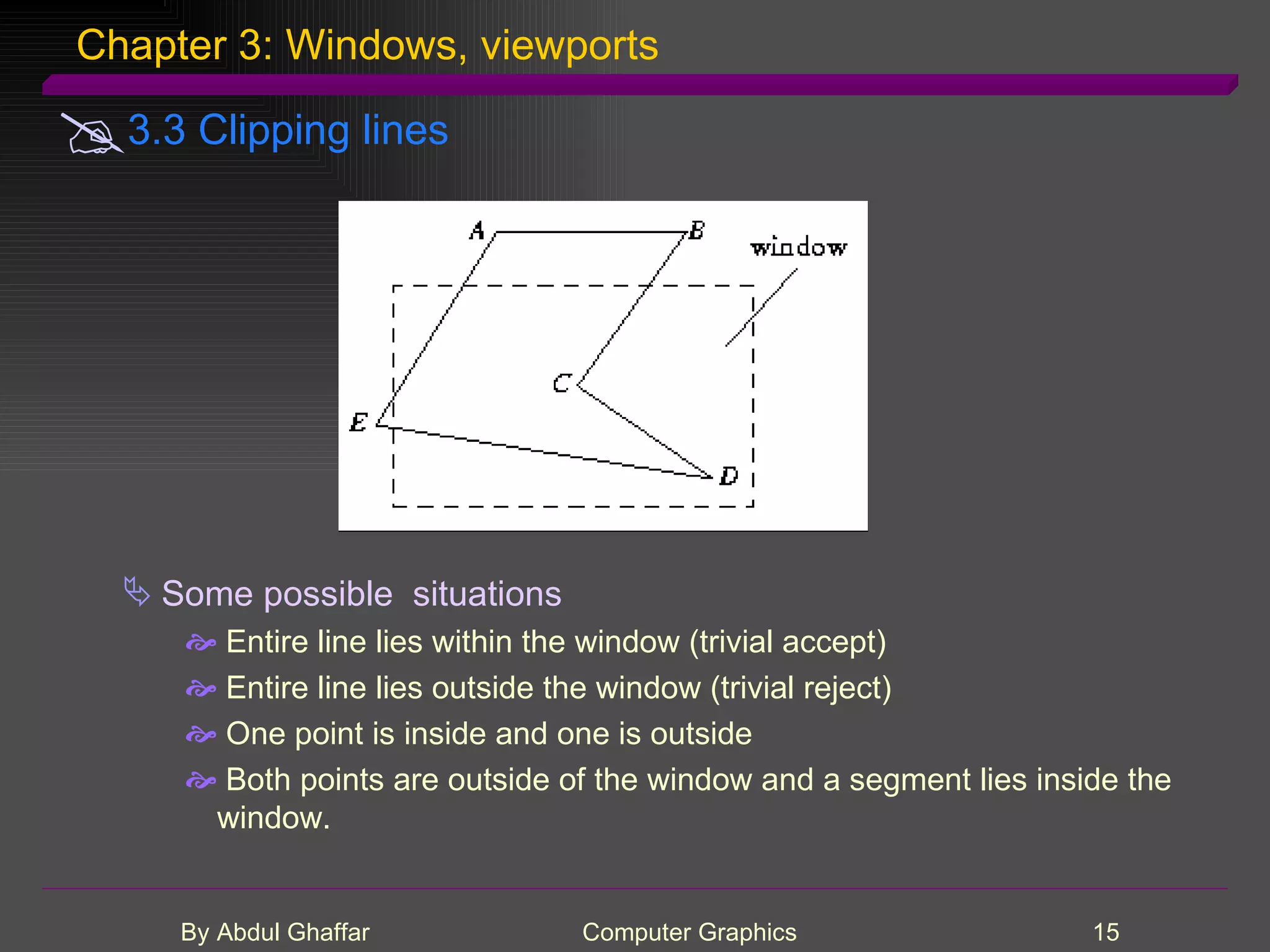 Chapter 3: Windows, viewports 3.3 Clipping lines Some possible situations Entire line lies within the window (trivial accept) Entire line lies outside the window (trivial reject) One point is inside and one is outside Both points are outside of the window and a segment lies inside the window. 