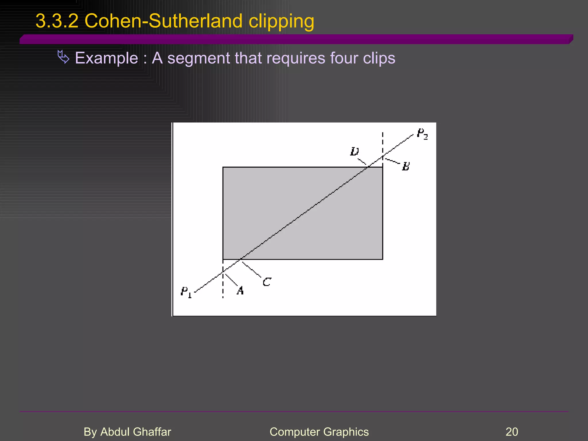 3.3.2 Cohen-Sutherland clipping Example : A segment that requires four clips 