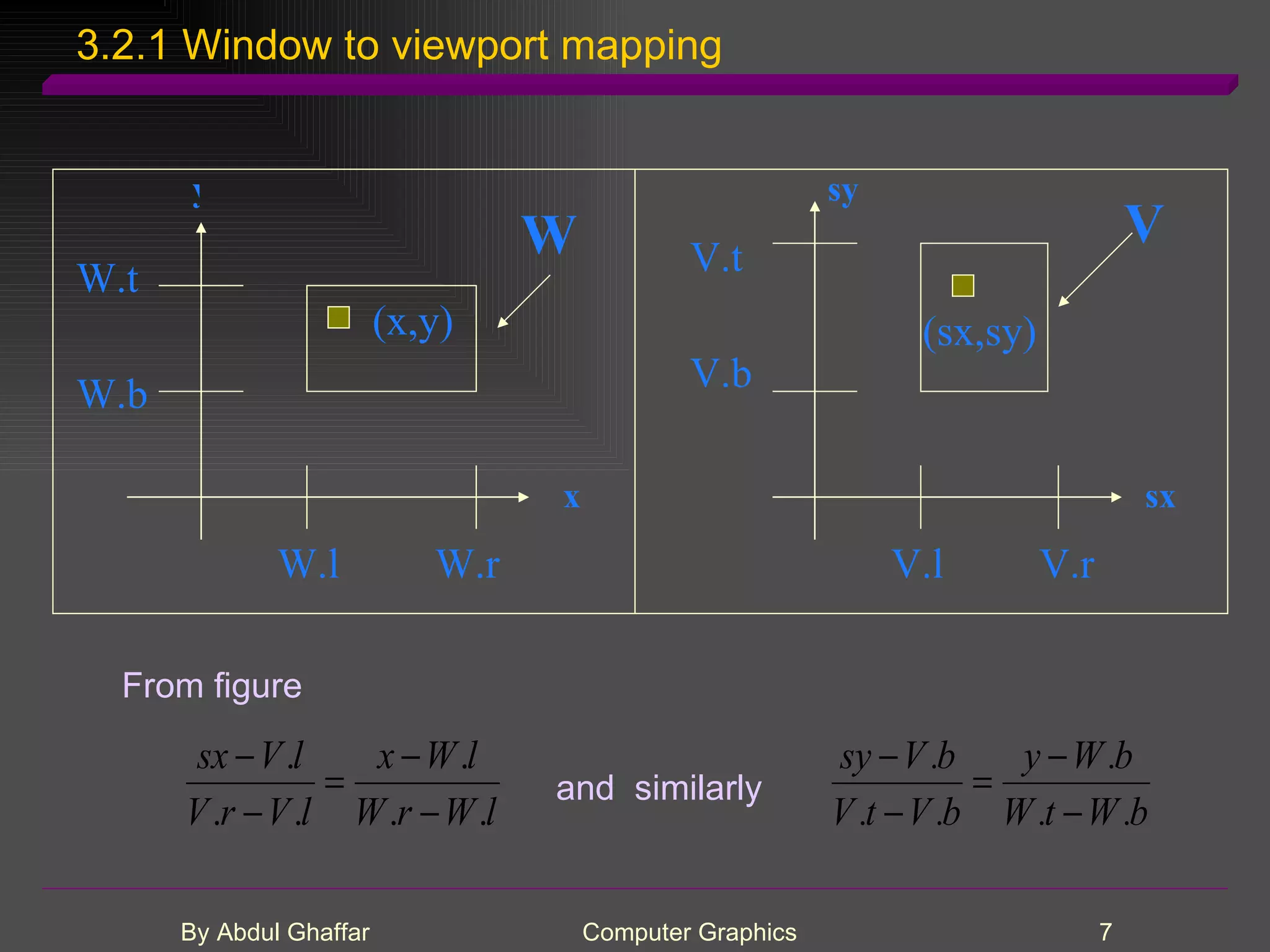 3.2.1 Window to viewport mapping From figure and similarly (x,y) W.t W.b W.l W.r (sx,sy) V.t V.b V.l V.r W V x sx y sy 