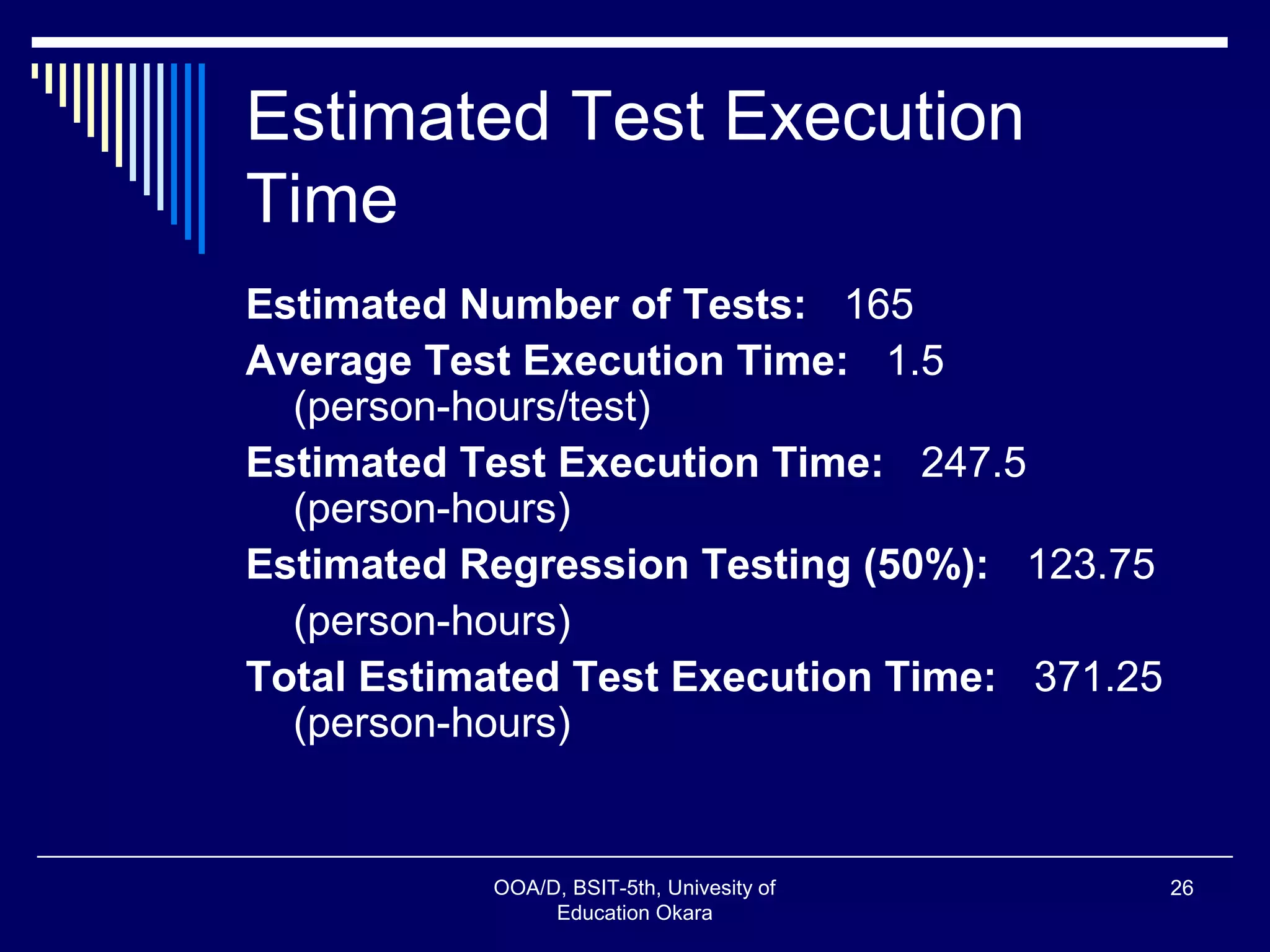 Estimated Test Execution
Time
Estimated Number of Tests: 165
Average Test Execution Time: 1.5
(person-hours/test)
Estimated Test Execution Time: 247.5
(person-hours)
Estimated Regression Testing (50%): 123.75
(person-hours)
Total Estimated Test Execution Time: 371.25
(person-hours)
OOA/D, BSIT-5th, Univesity of
Education Okara
26
 