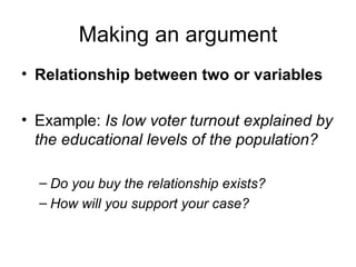 Making an argument
• Relationship between two or variables

• Example: Is low voter turnout explained by
  the educational levels of the population?

  – Do you buy the relationship exists?
  – How will you support your case?
 