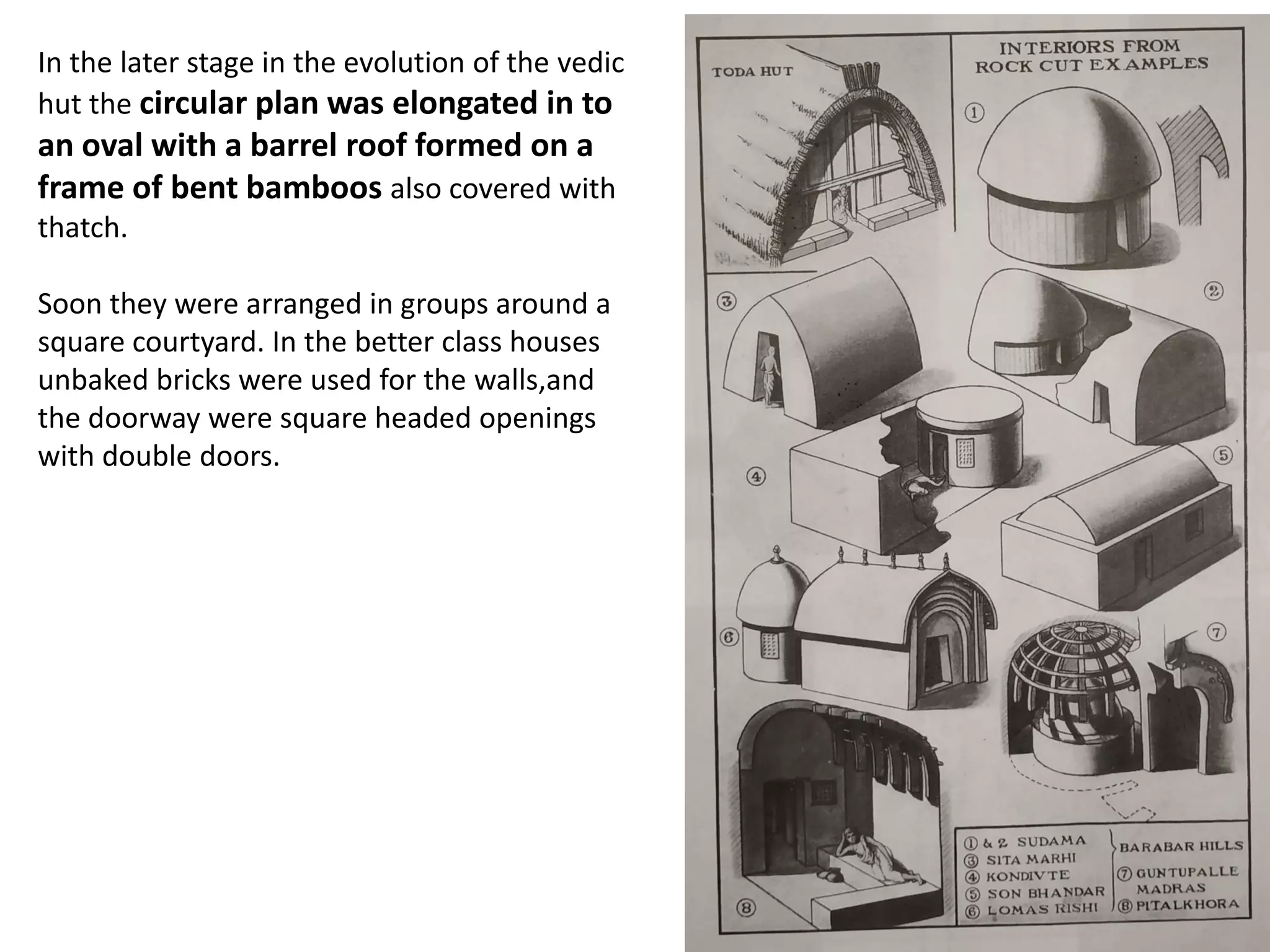 In the later stage in the evolution of the vedic
hut the circular plan was elongated in to
an oval with a barrel roof formed on a
frame of bent bamboos also covered with
thatch.
Soon they were arranged in groups around a
square courtyard. In the better class houses
unbaked bricks were used for the walls,and
the doorway were square headed openings
with double doors.
 