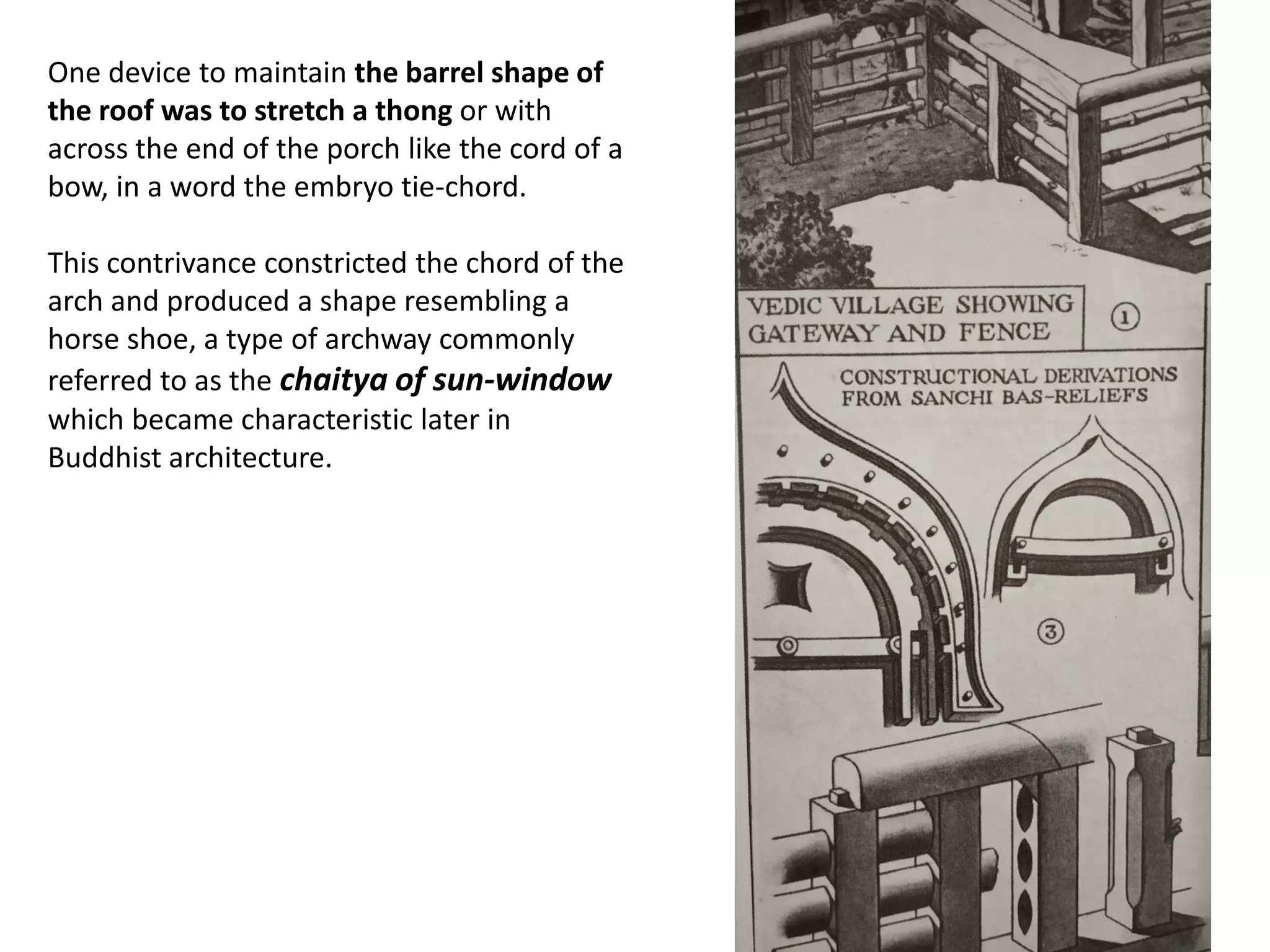 One device to maintain the barrel shape of
the roof was to stretch a thong or with
across the end of the porch like the cord of a
bow, in a word the embryo tie-chord.
This contrivance constricted the chord of the
arch and produced a shape resembling a
horse shoe, a type of archway commonly
referred to as the chaitya of sun-window
which became characteristic later in
Buddhist architecture.
 