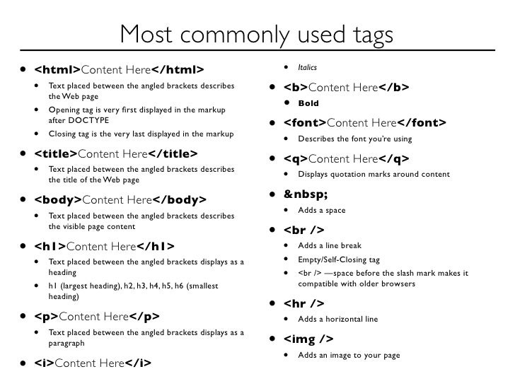 commonly used html tags