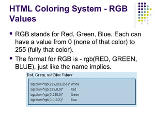 HTML Coloring System - RGB
Values
 RGB stands for Red, Green, Blue. Each can
have a value from 0 (none of that color) to
255 (fully that color).
 The format for RGB is - rgb(RED, GREEN,
BLUE), just like the name implies.
 