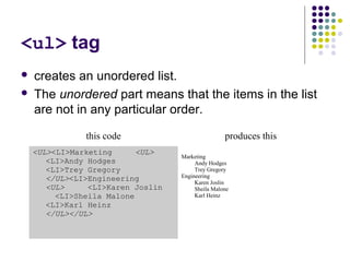 <ul> tag
 creates an unordered list.
 The unordered part means that the items in the list
are not in any particular order.
this code produces this
<UL><LI>Marketing <UL>
<LI>Andy Hodges
<LI>Trey Gregory
</UL><LI>Engineering
<UL> <LI>Karen Joslin
<LI>Sheila Malone
<LI>Karl Heinz
</UL></UL>
Marketing
Andy Hodges
Trey Gregory
Engineering
Karen Joslin
Sheila Malone
Karl Heinz
 